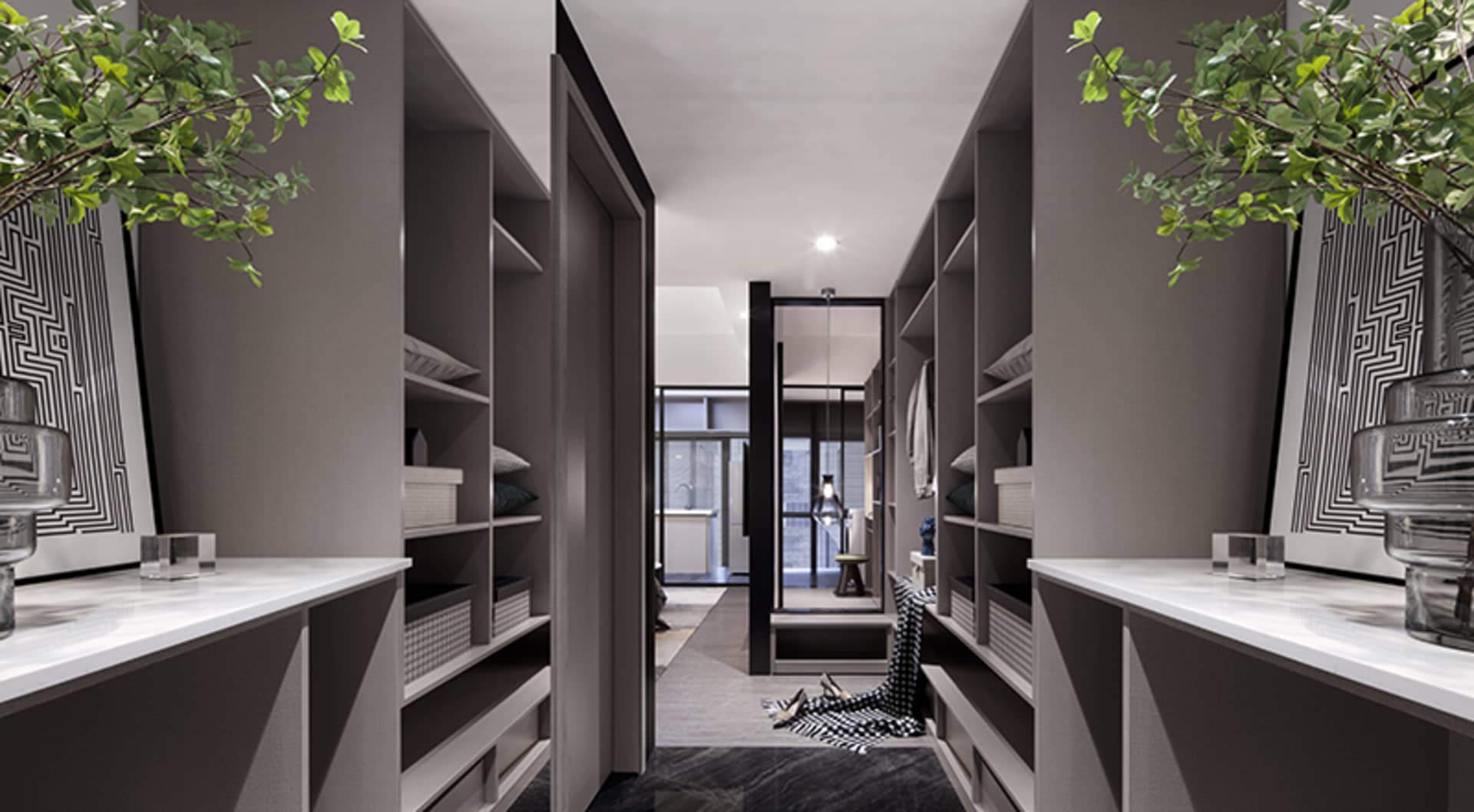 Modern wardrobe closet with wood and metal accents, glass doors and shelves