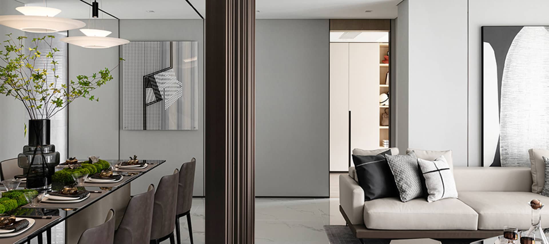 Contemporary modern styled dining area and living room.
