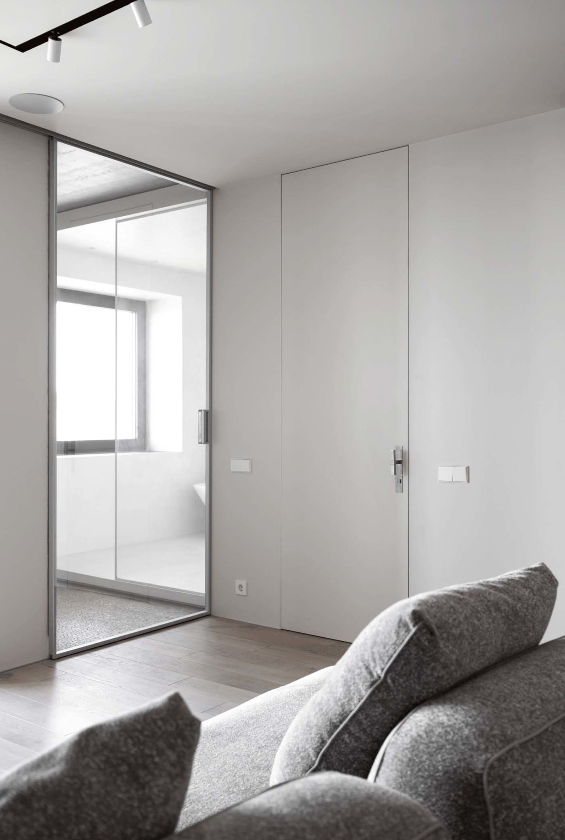 Modern minimalist living room with gray sofa, white walls, and glass sliding doors.