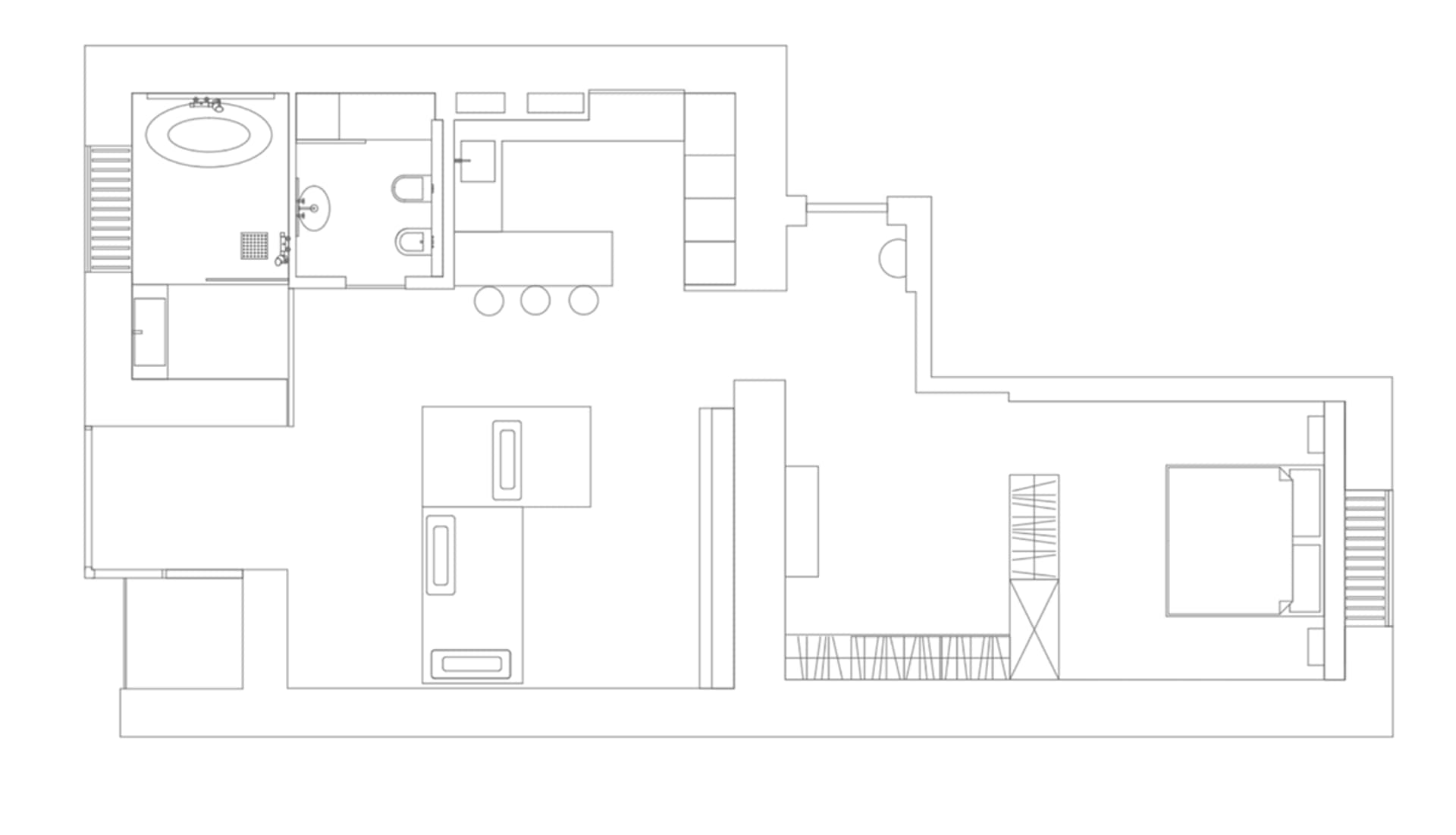 A detailed architectural blueprint of a modern white interior design.