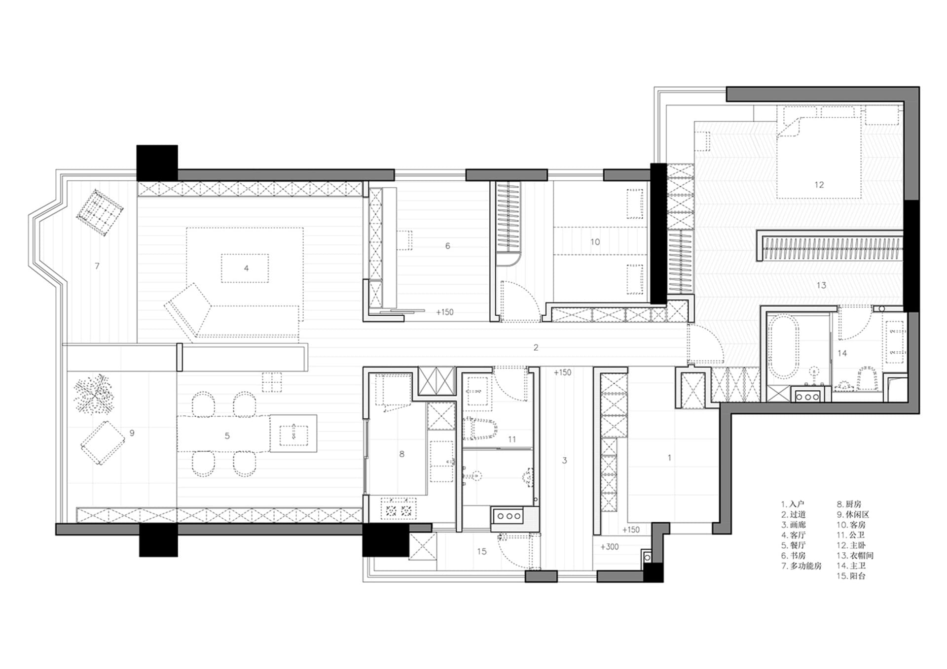 一張現代室內空間的2D建築圖，包含平面配置與各空間功能。