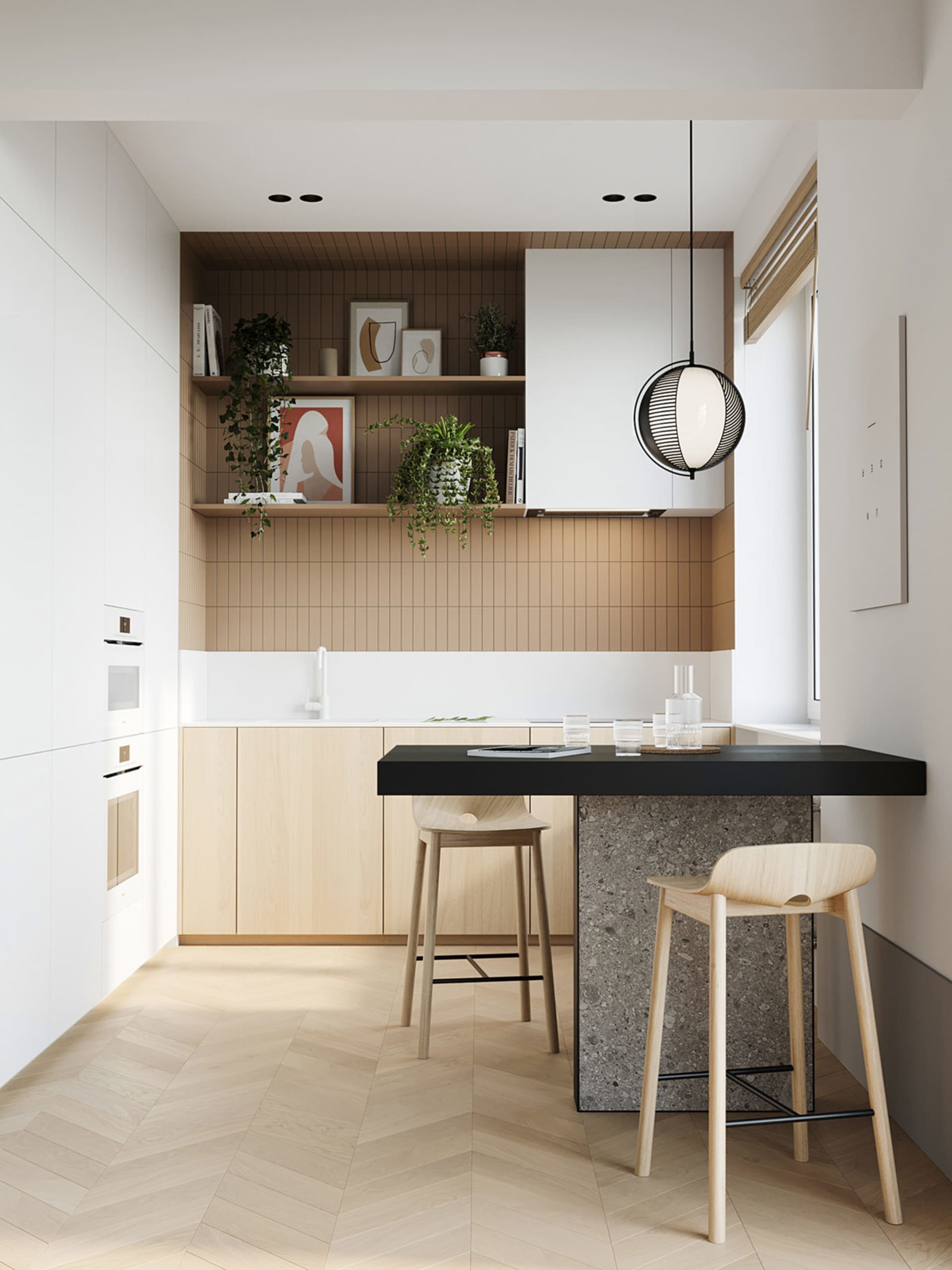 Contemporary kitchen featuring wooden cabinetry, concrete countertops, and metal accents