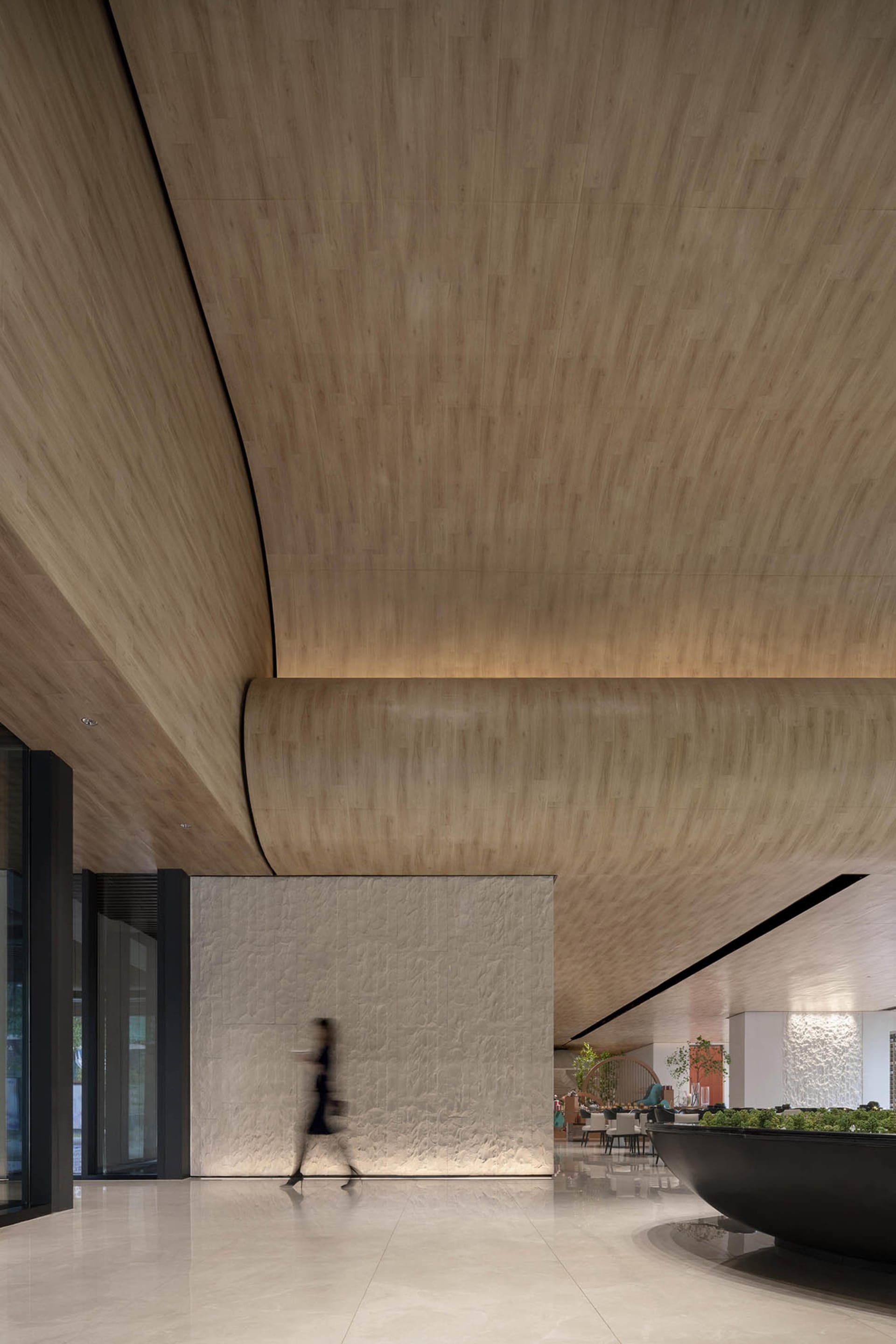 Modern interior design featuring wooden paneling