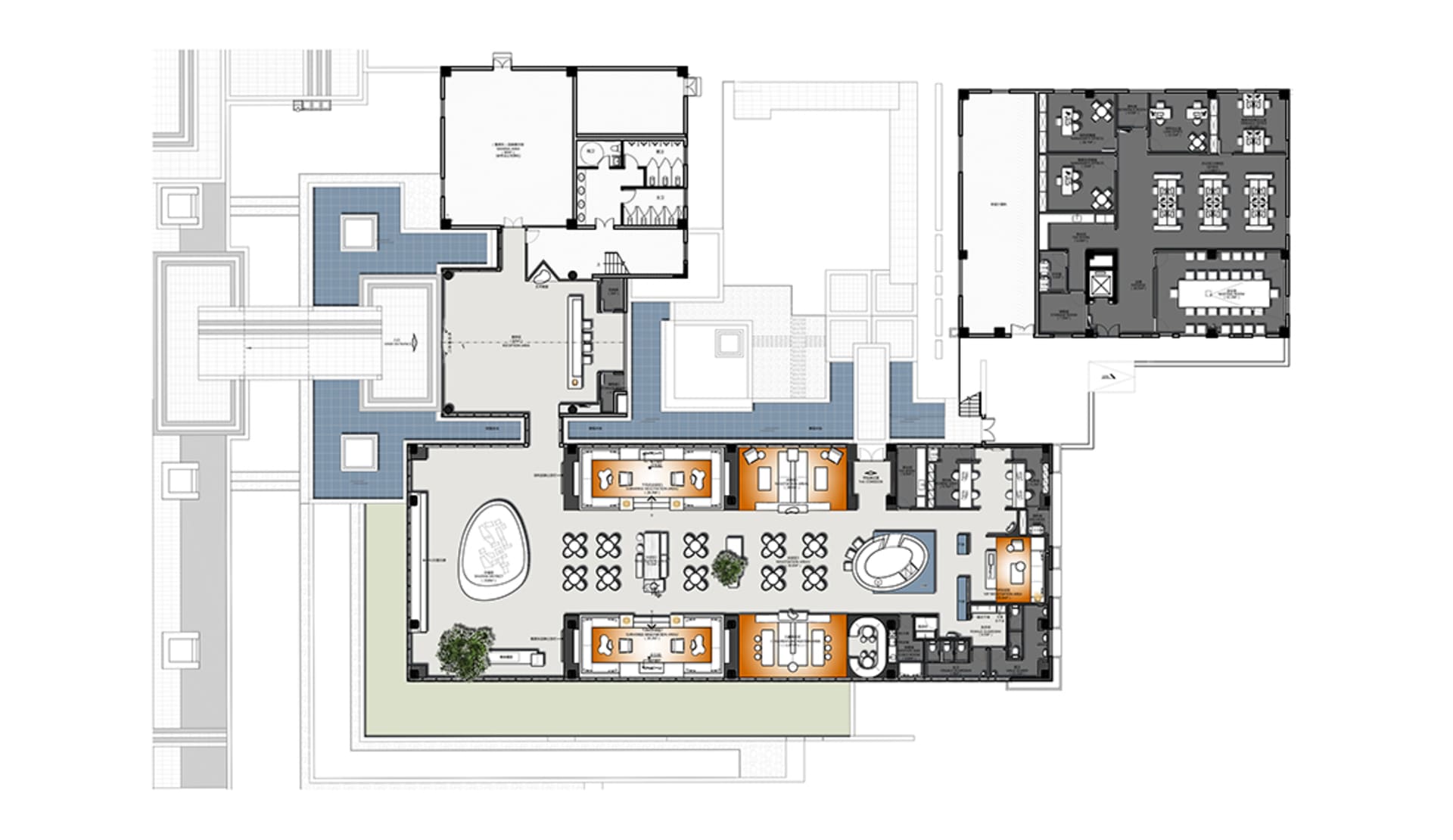 Floor plan of an office space with various functional zones and furniture arrangements.