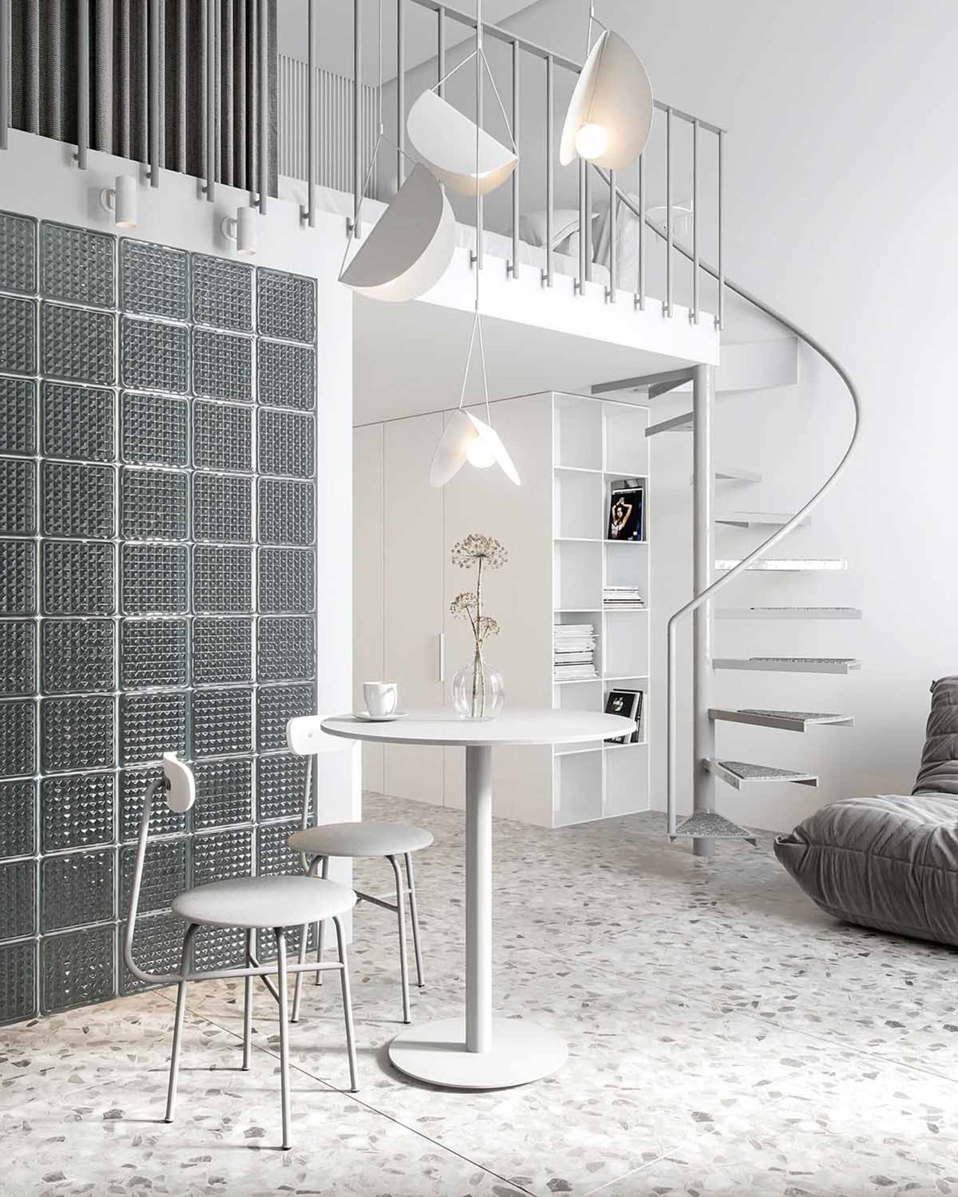 A minimalist apartment featuring glass block walls and a spiral staircase