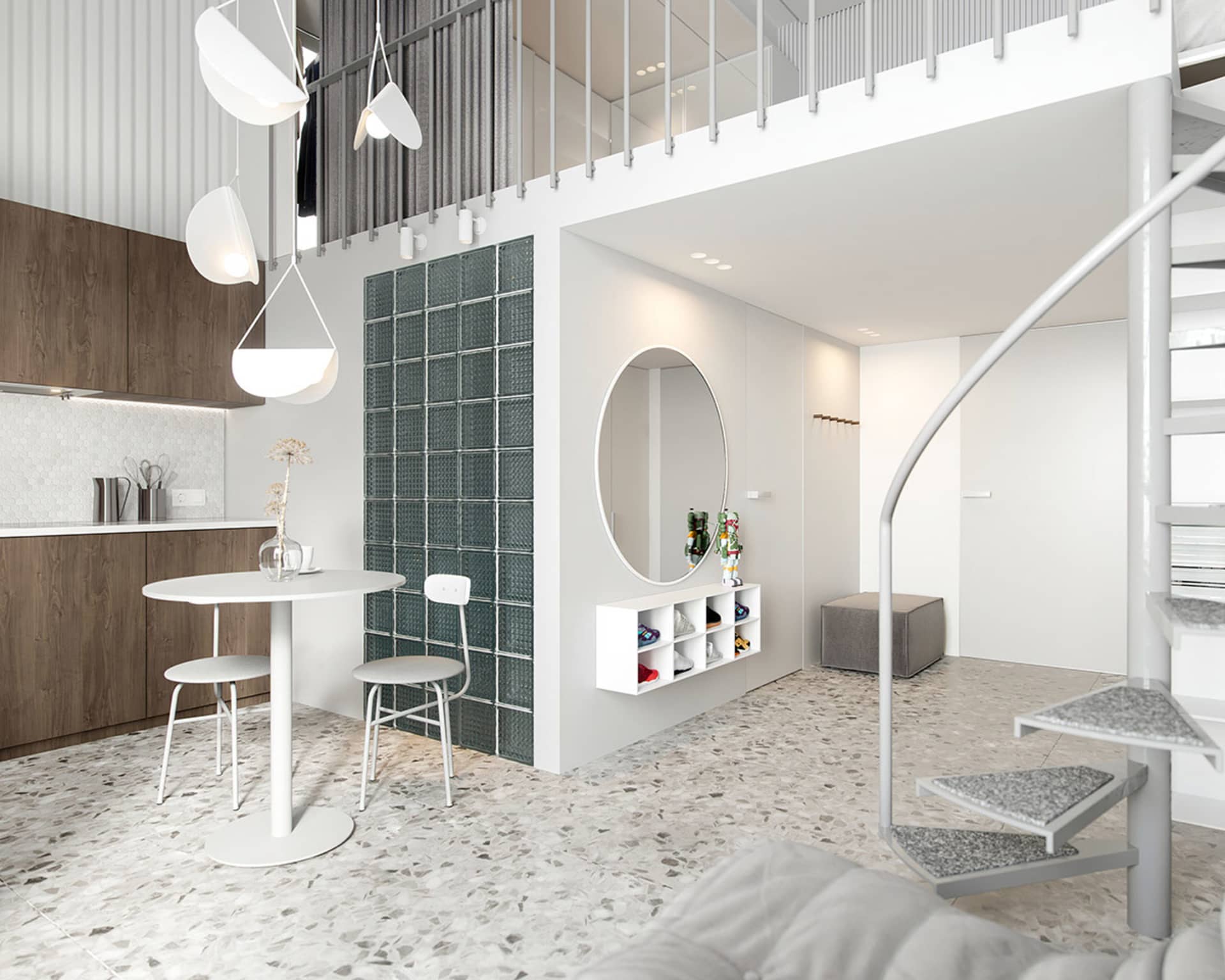A modern, minimalist interior with clean lines and neutral tones, featuring a kitchen area with wooden cabinets and a white d