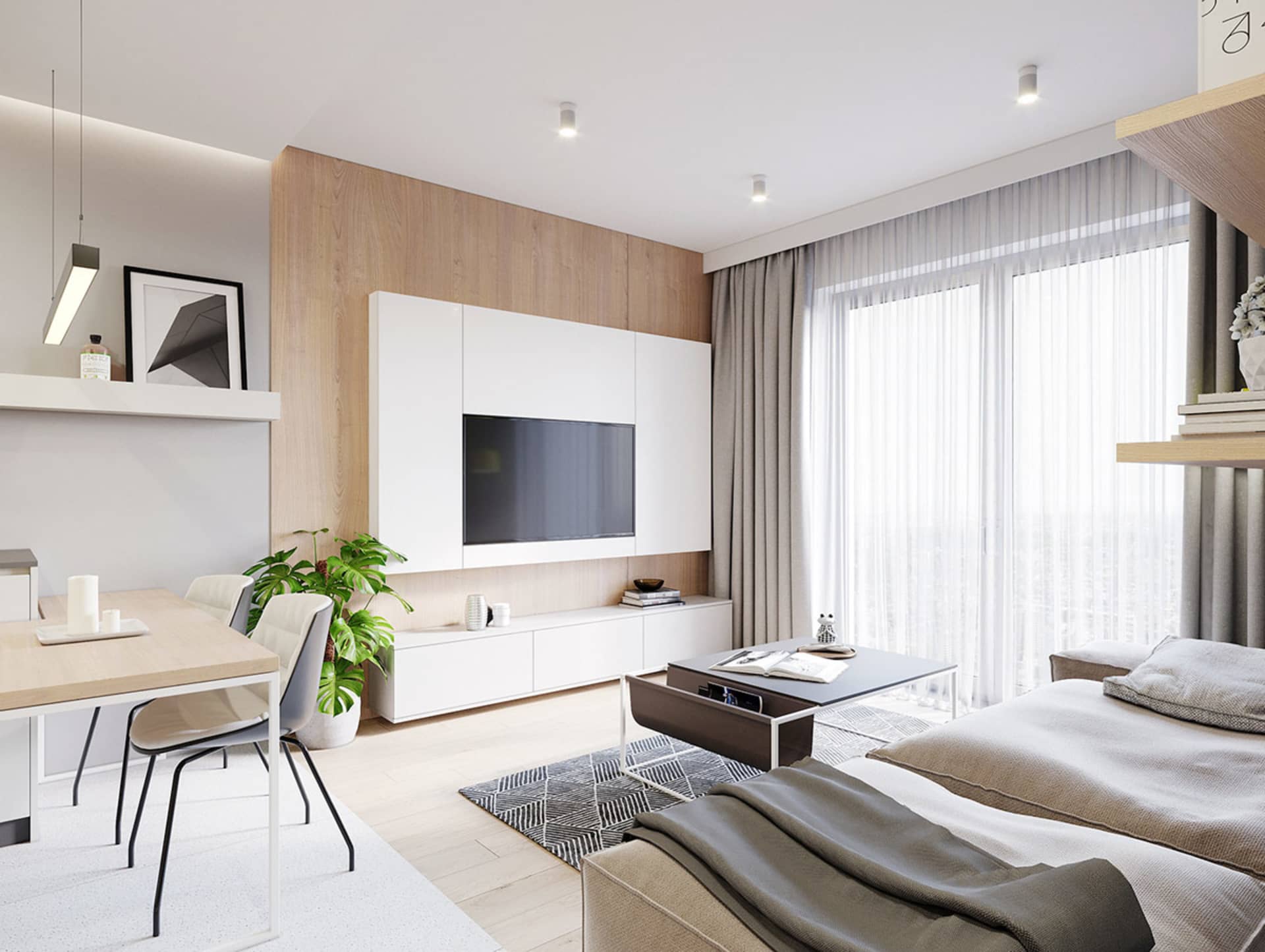A modern living room featuring wooden accents, including a wooden floor, a wooden TV cabinet, and a wooden dining table with