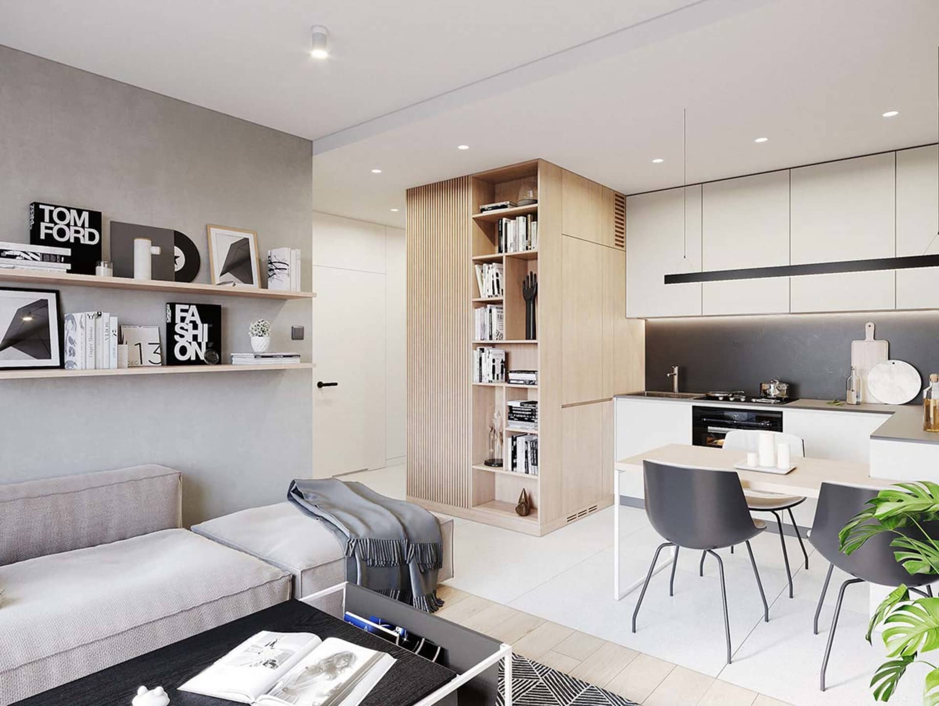 A modern apartment living room featuring wooden shelves with books and decor.