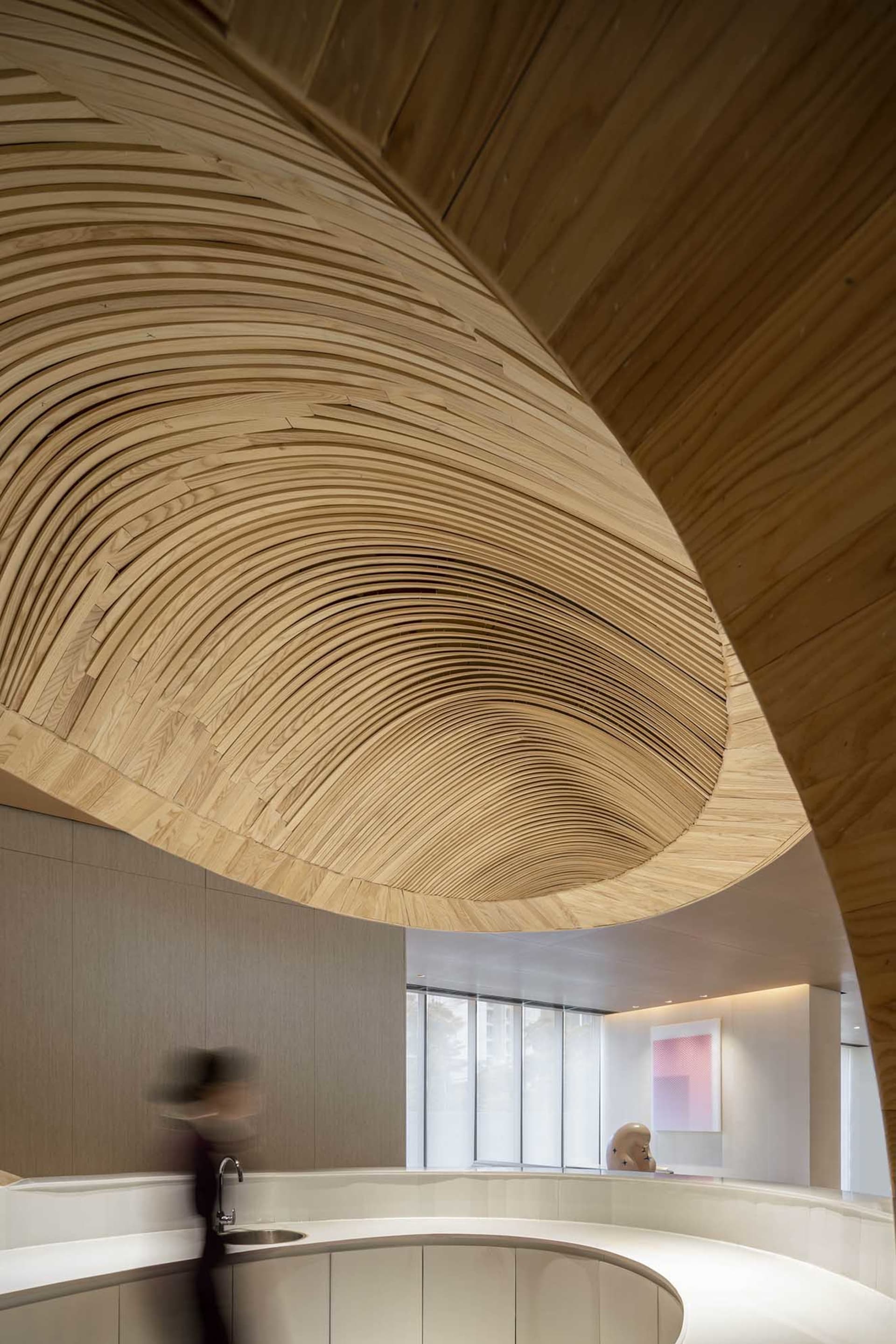 Modern lobby interior with a curved, wood-textured ceiling detail and a reception desk.