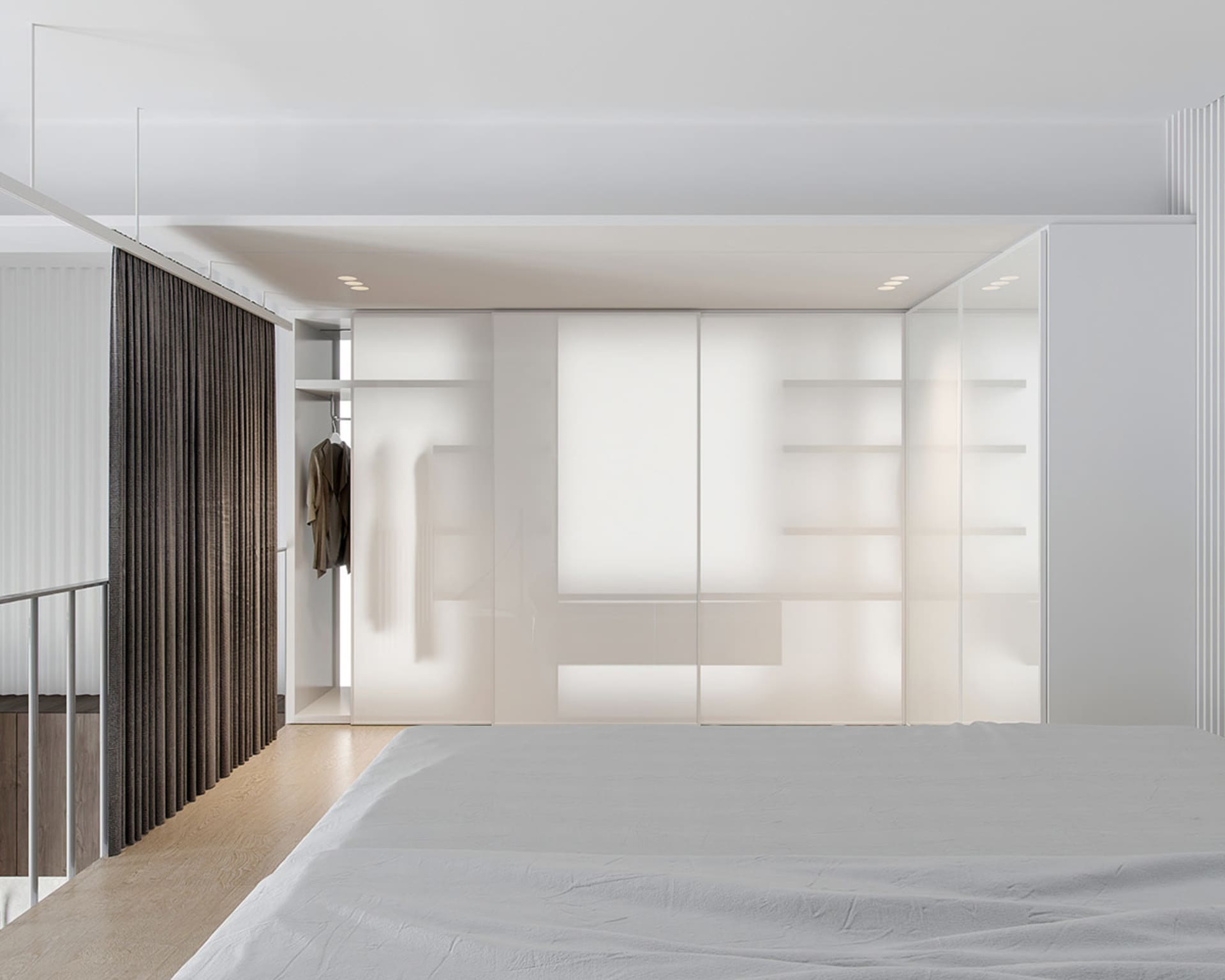 Modern minimalist bedroom featuring glass panel furniture and LED lighting under white ceiling and wooden floor.