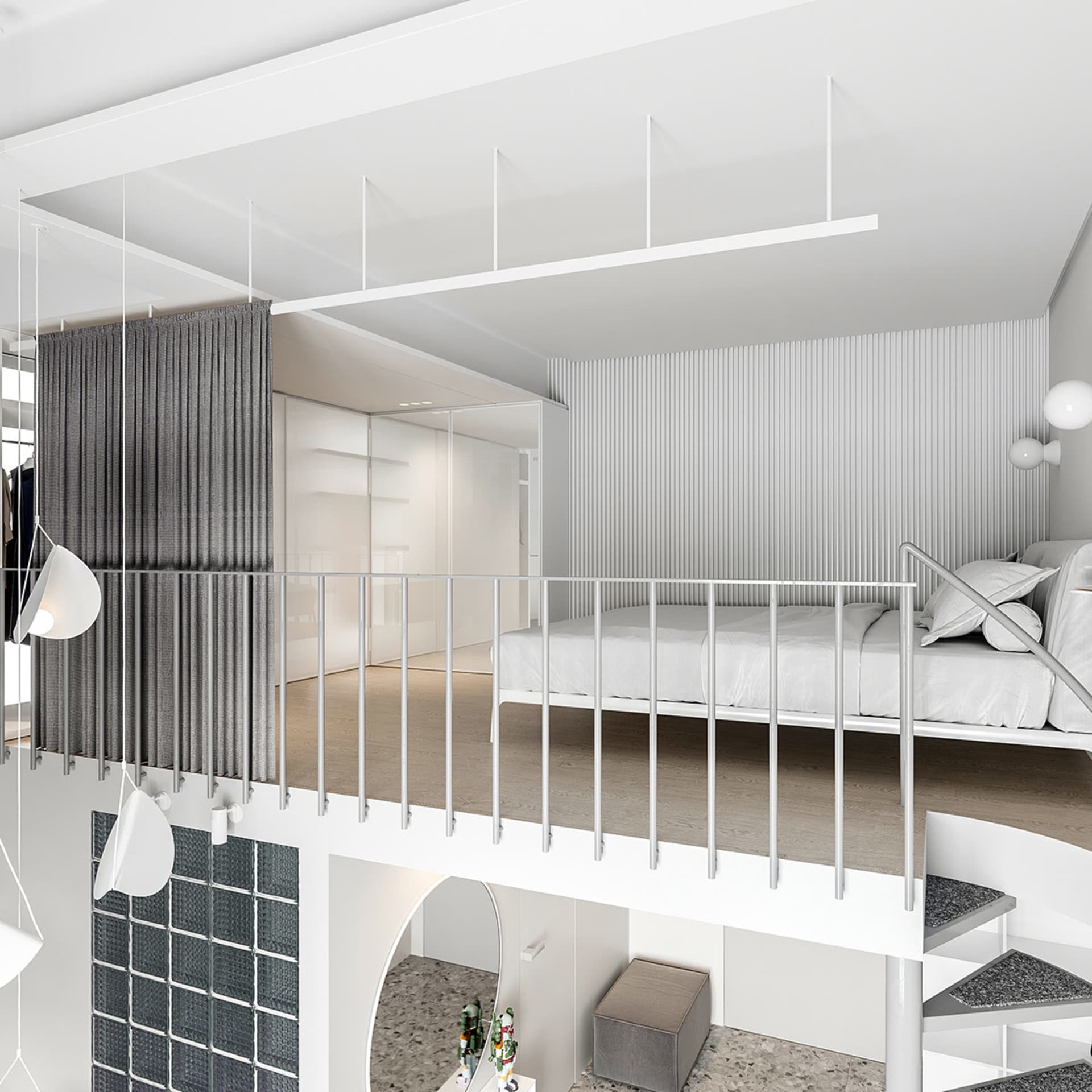 Modern white bedroom with minimalist design, glass partition, and metal railings.
