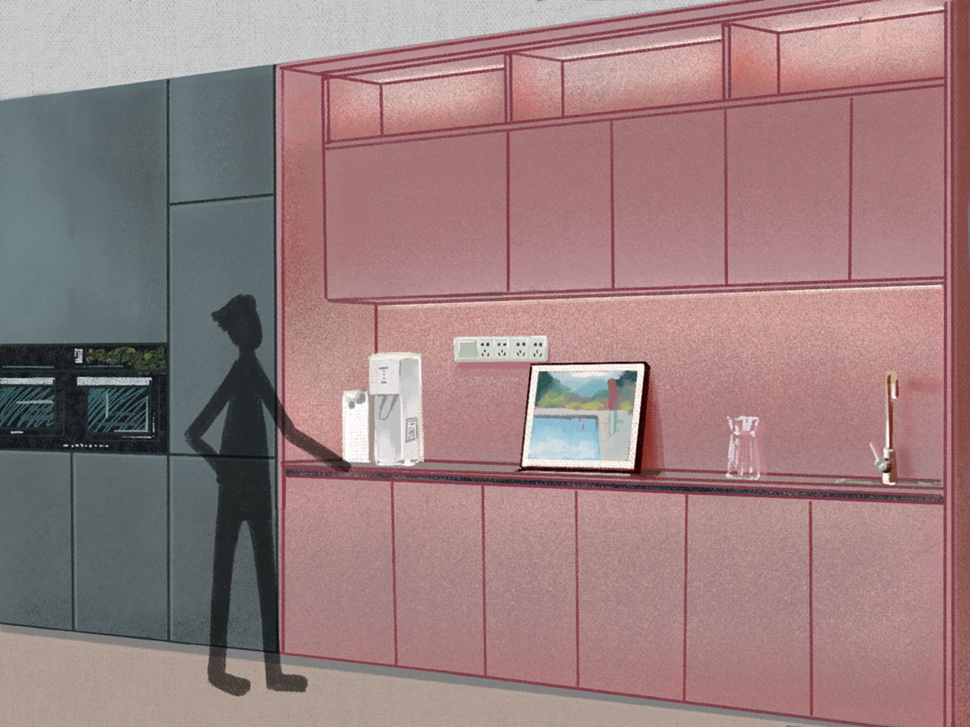 Minimalist kitchen with pink cabinets.