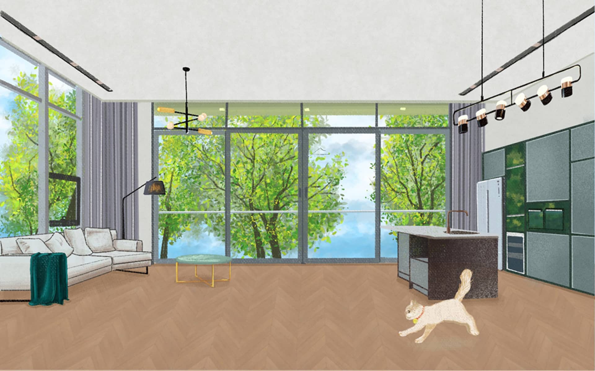 A modern living room with large windows showcasing a lush green landscape, wooden flooring, and minimalistic furniture.