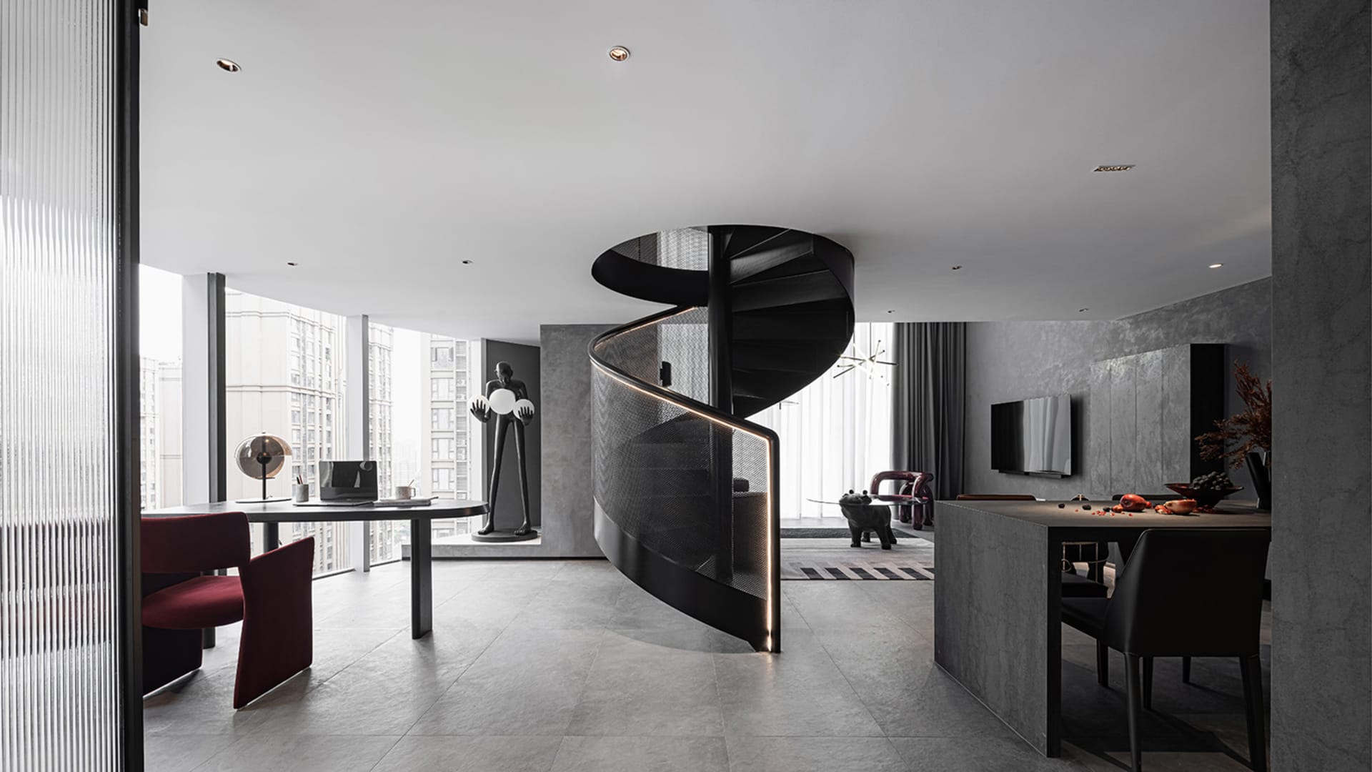 Modern minimalist living room featuring metal and glass elements.