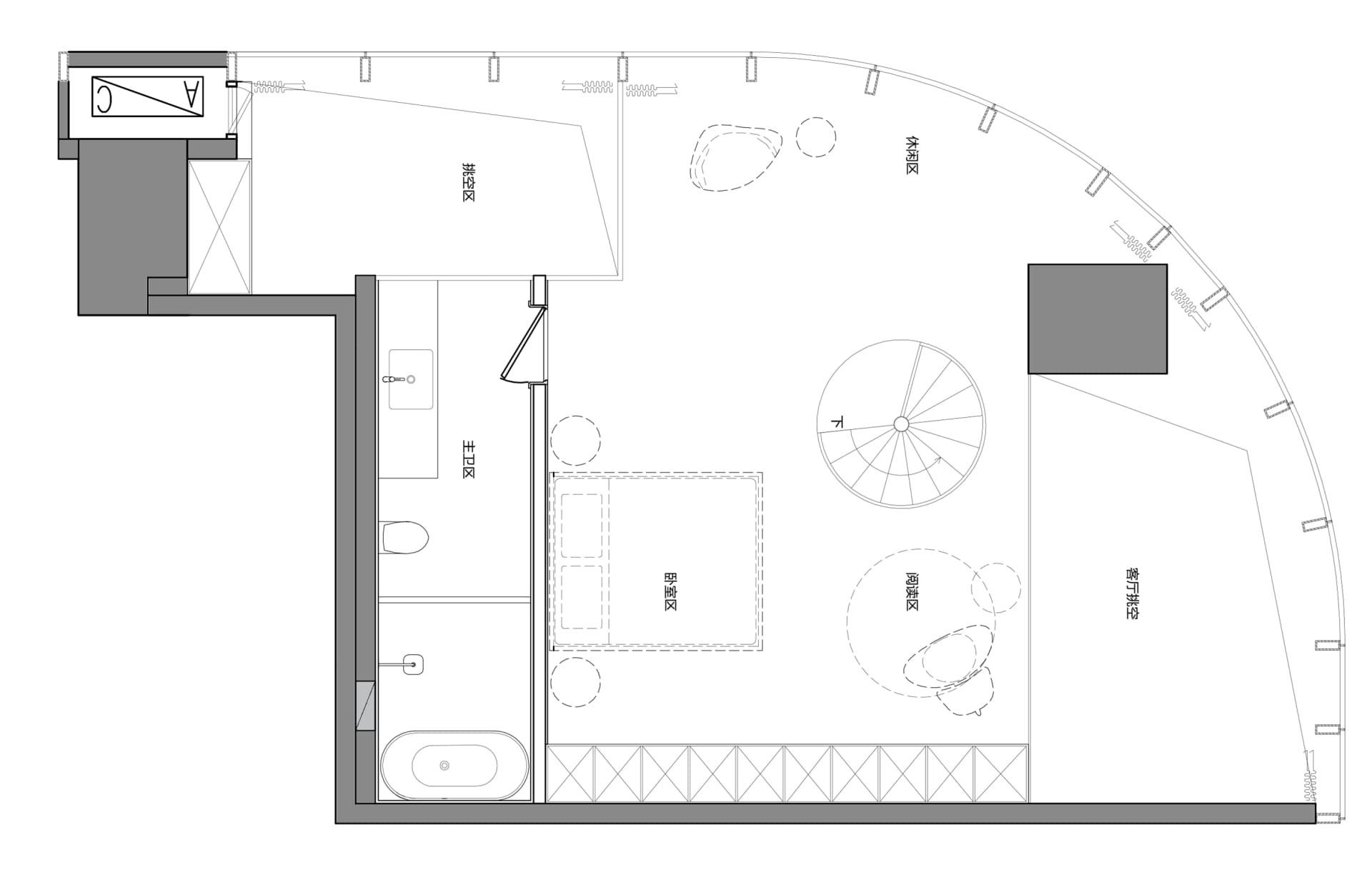 2D architectural drawing of a modern residential interior with a living room, bedroom, and bathroom.