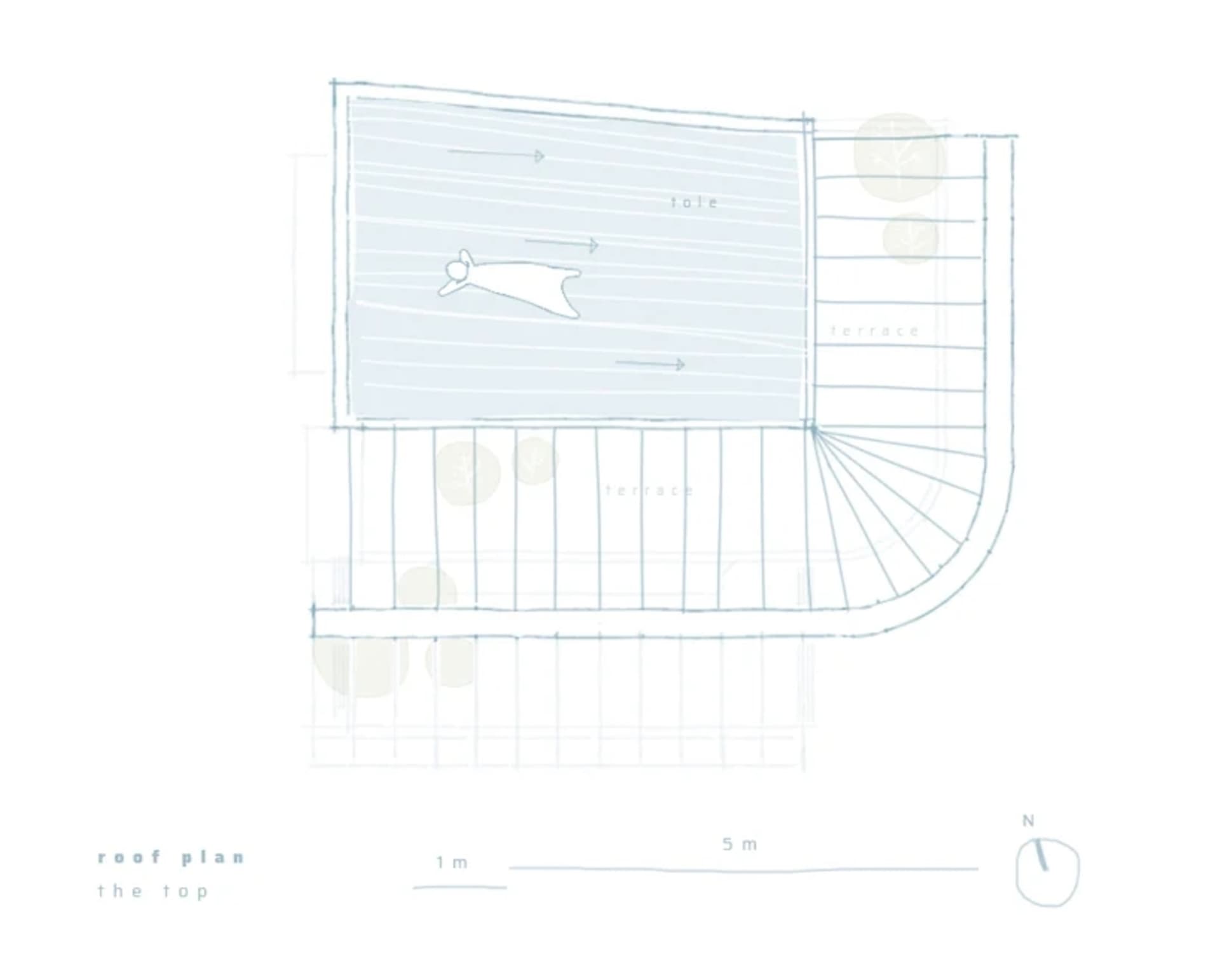 A detailed architectural plan of a roof with dimensions, terraces, and a table in a shaded area.