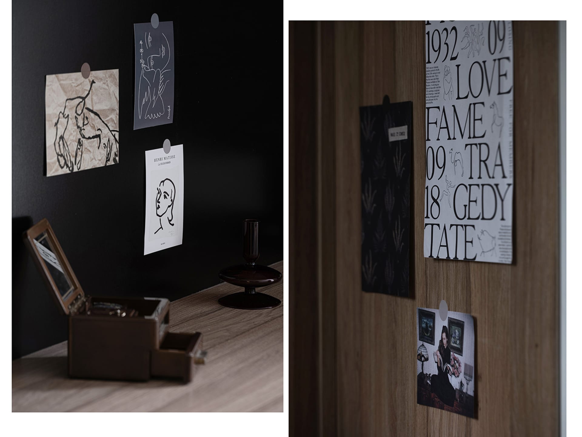 Black decorative panels with various designs pinned onto a wooden surface.