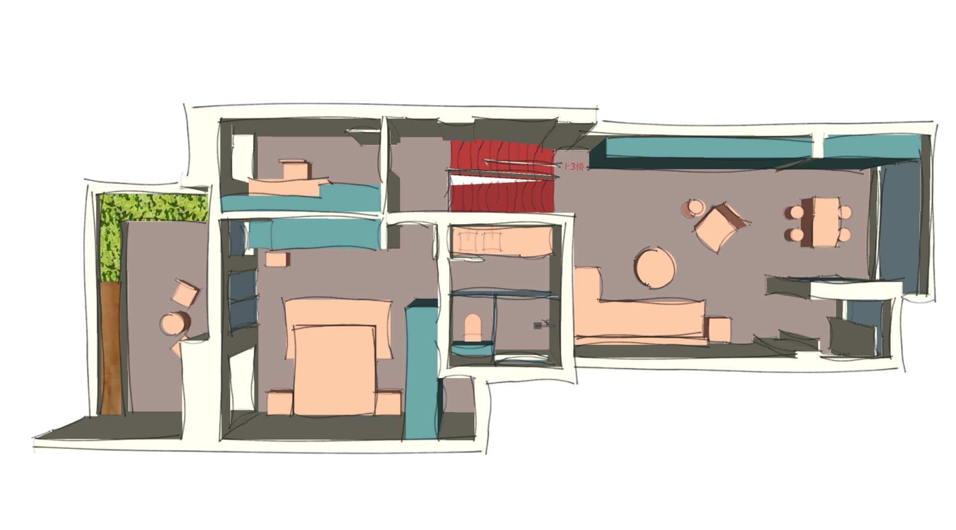 A modern apartment layout featuring a living room, kitchen, and bedrooms.