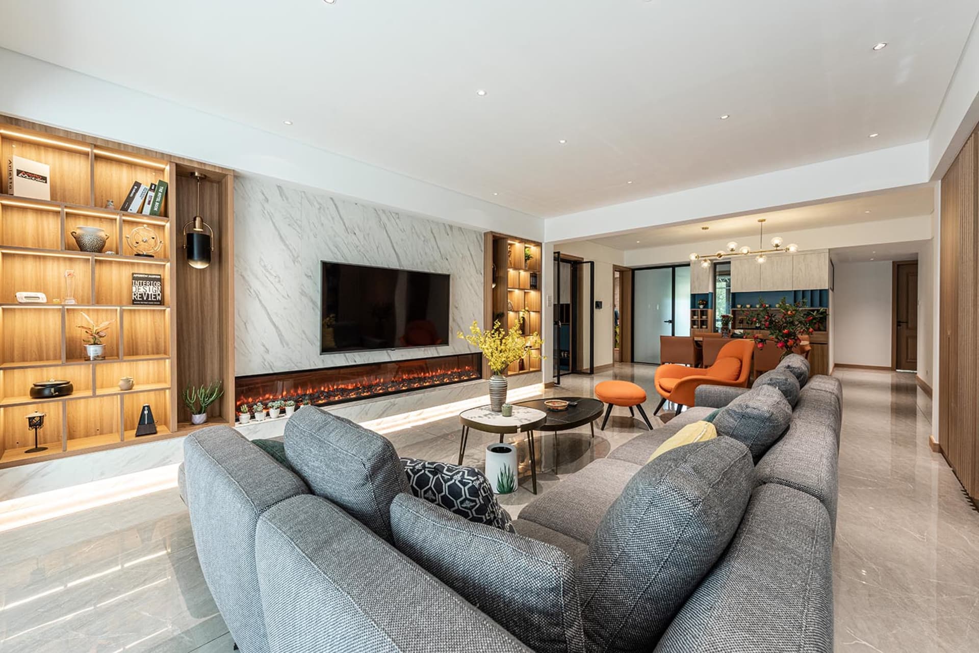 Modern living room featuring luxurious marble floor tiles