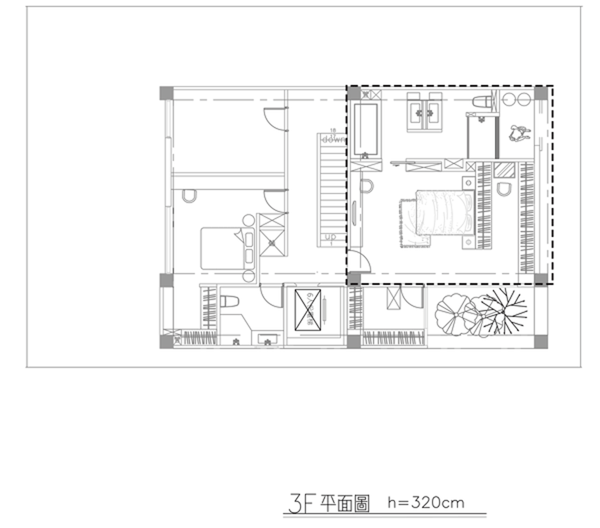 A black and white 2D architectural drawing showing a floor plan labeled '3F' and measuring 320cm in height.