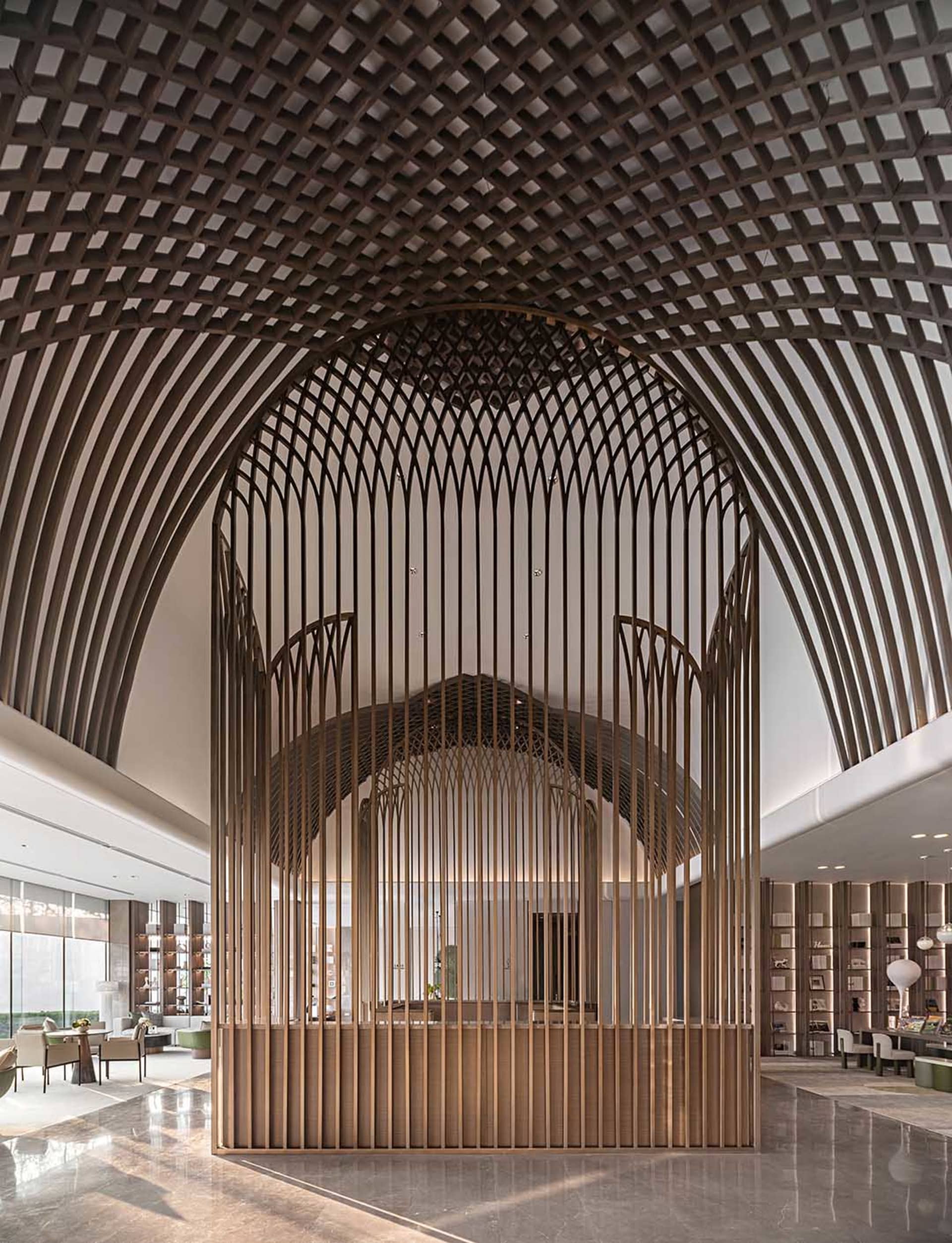 Modern lobby interior with wooden arch and high ceiling