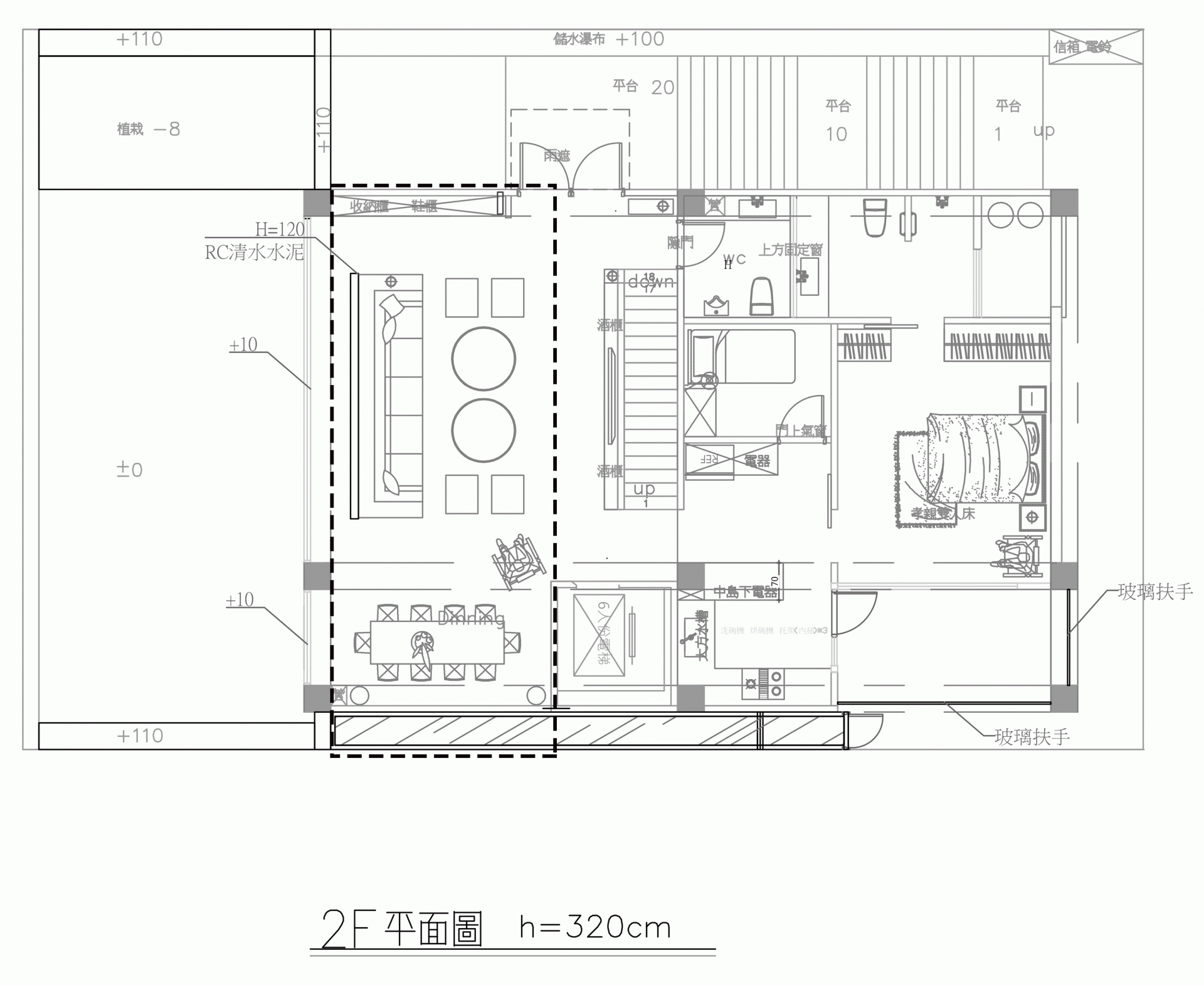 A detailed 2D architectural drawing of a modern residential interior layout.
