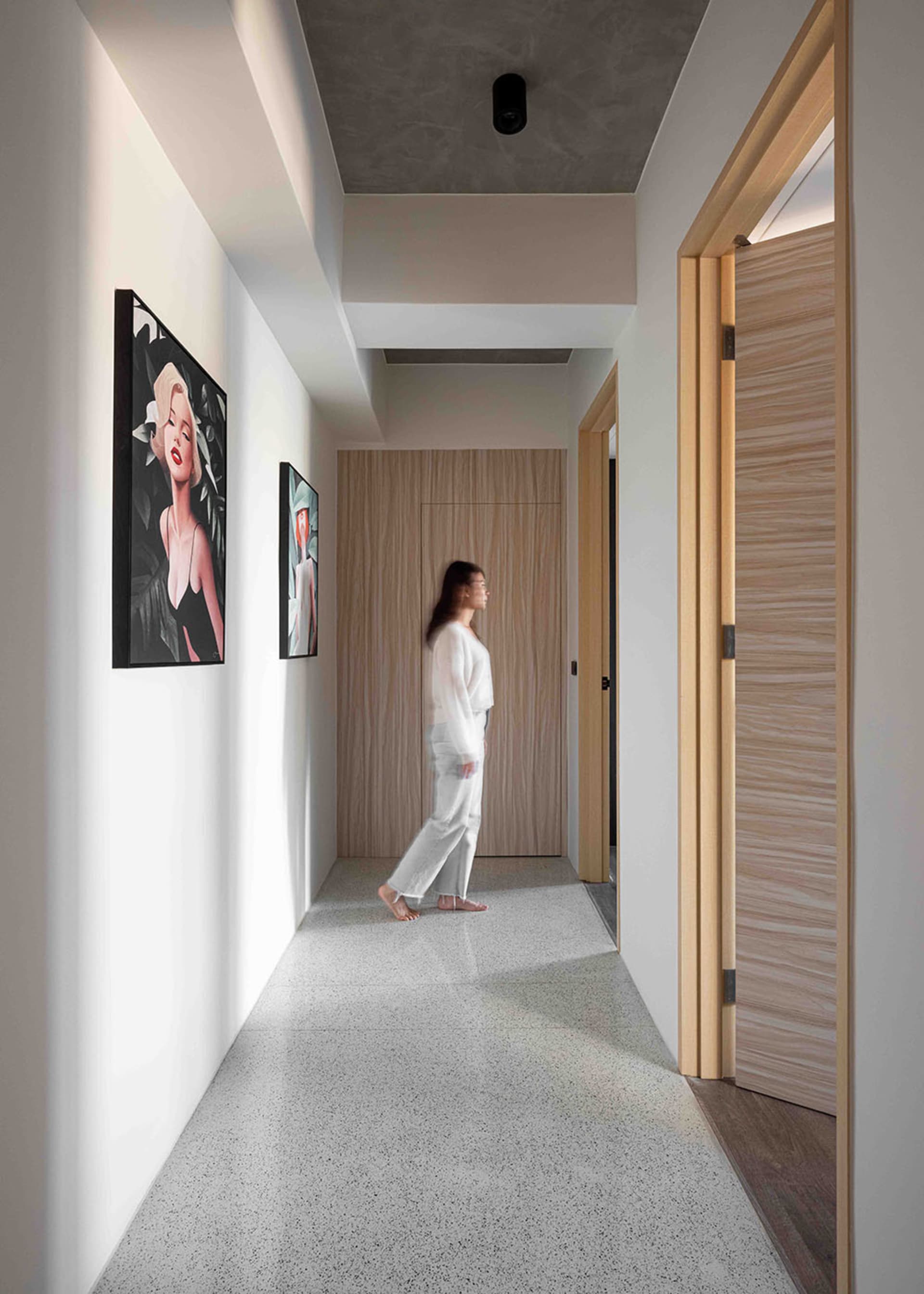A modern residential corridor with wooden doors and floors, and framed artwork on the walls.
