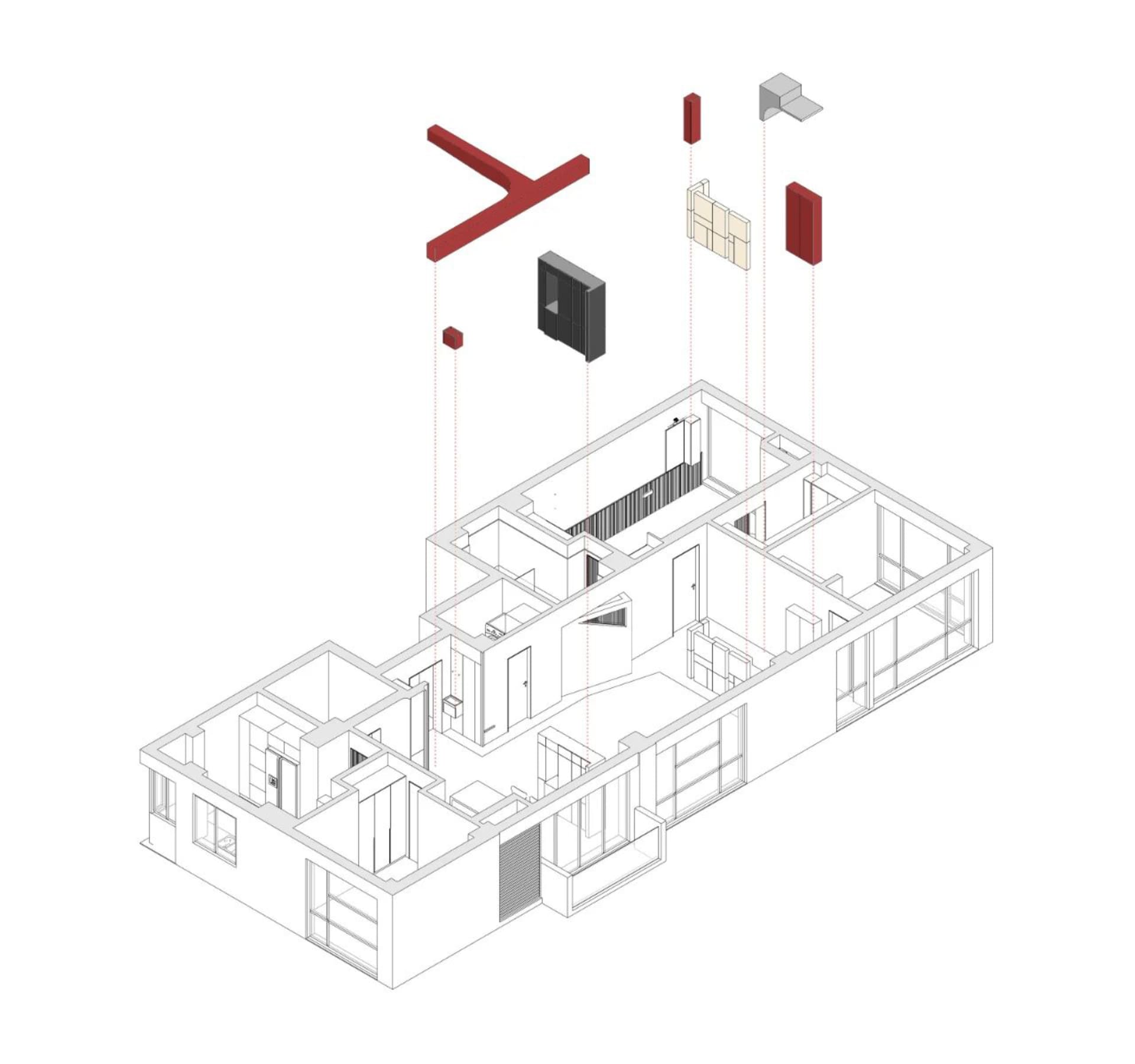 Modern loft floor plan with minimalist design, wooden floors, and glass walls