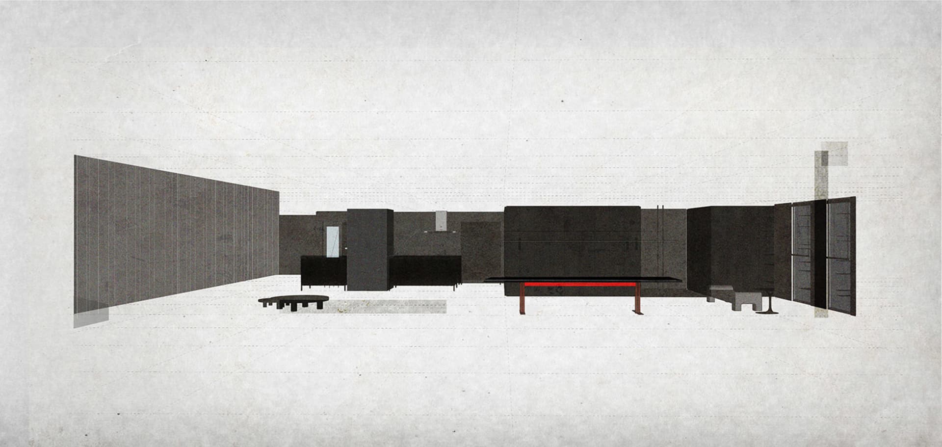 一張現代辦公空間的2D建築圖,採用極簡設計,搭配混凝土牆面與清晰的平面配置