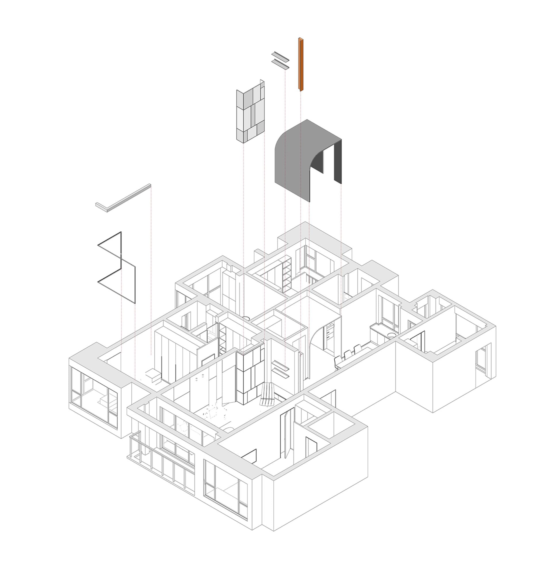 現代住宅平面圖的詳細建築藍圖，採用混凝土材質。