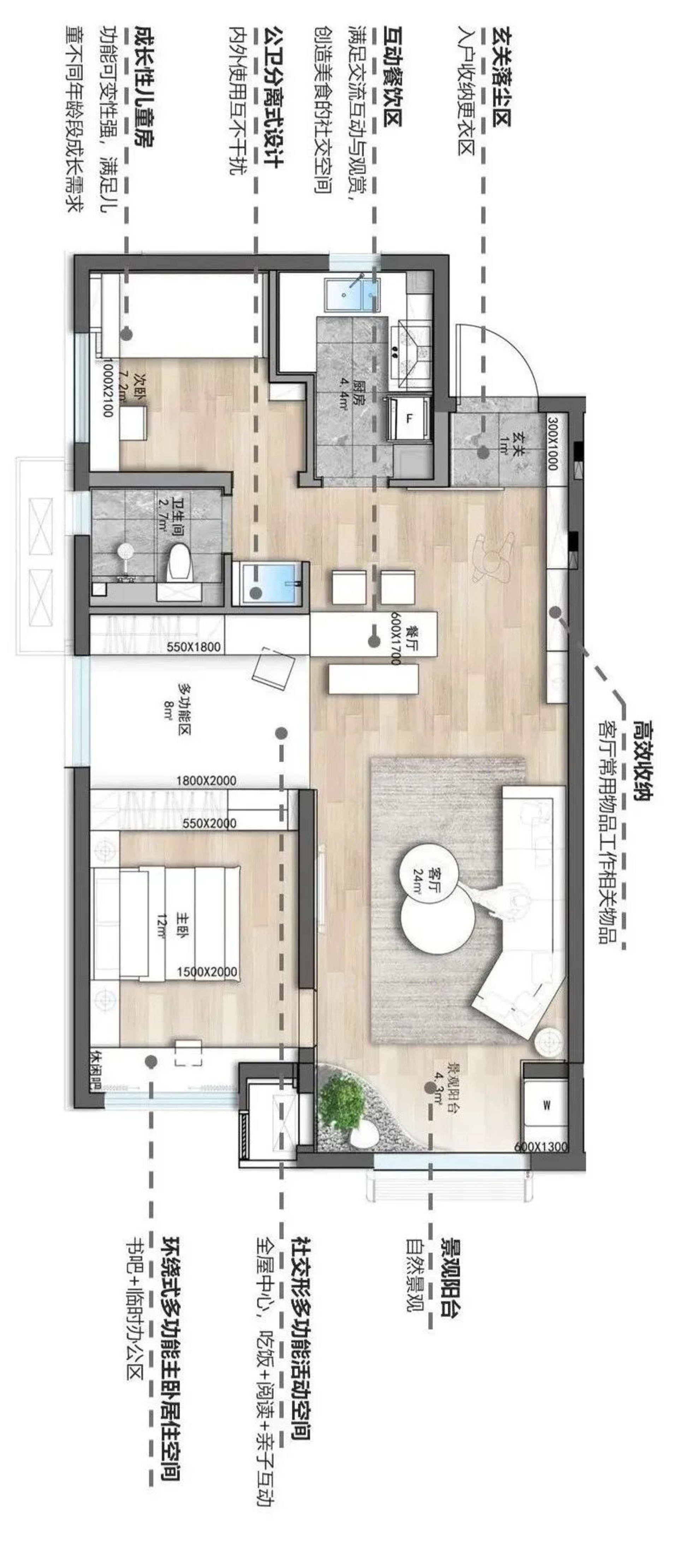 現代廚房佈局，包含社交空間以及臥室、衛浴和餐廳等功能區域。