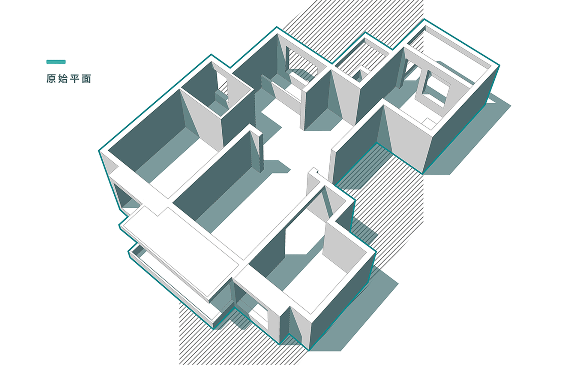 一張3D建築平面圖,呈現現代混凝土結構,擁有開放空間與清晰線條。
