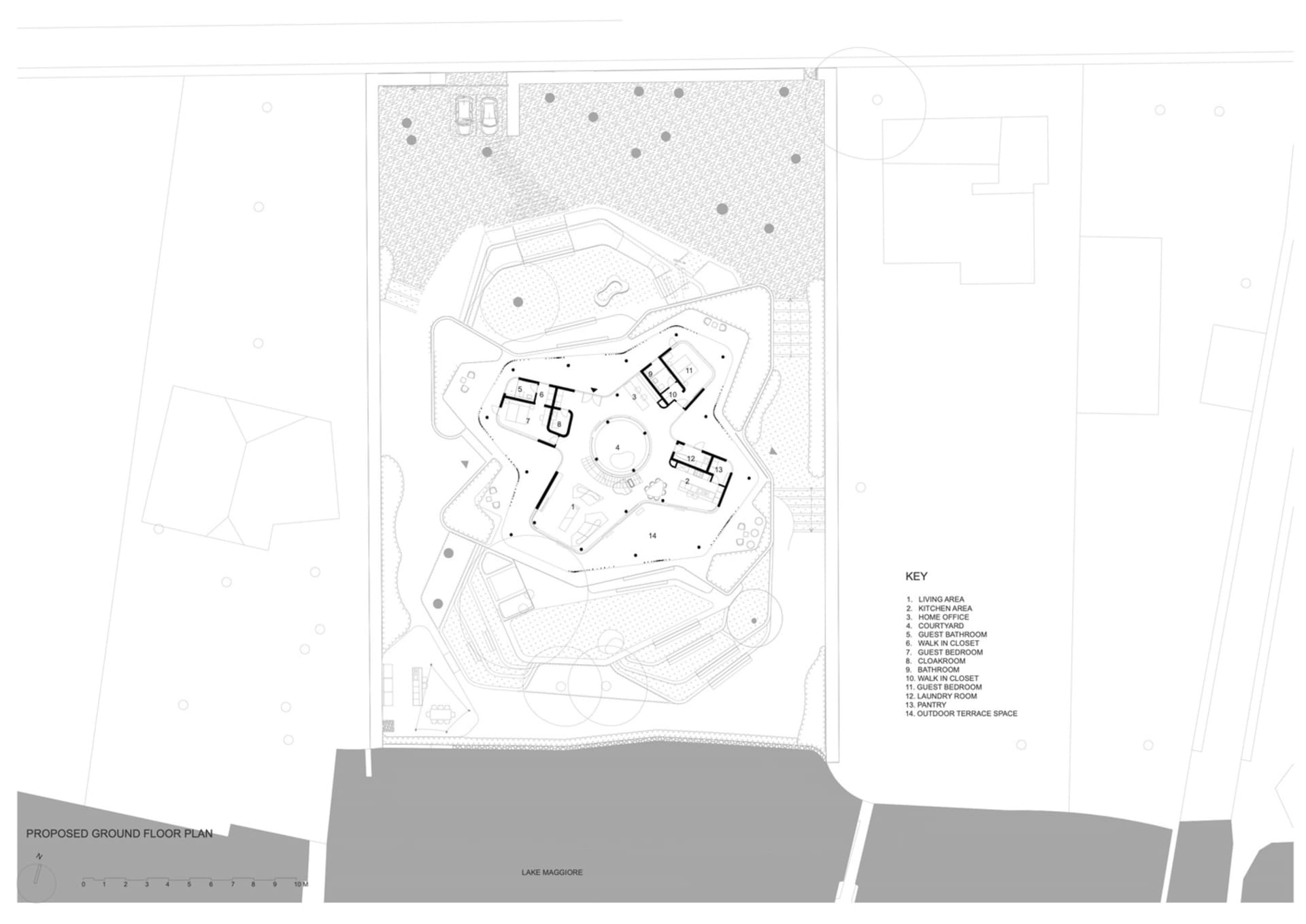 一張現代住宅建築的詳細建築平面圖,展示多個房間與生活空間。