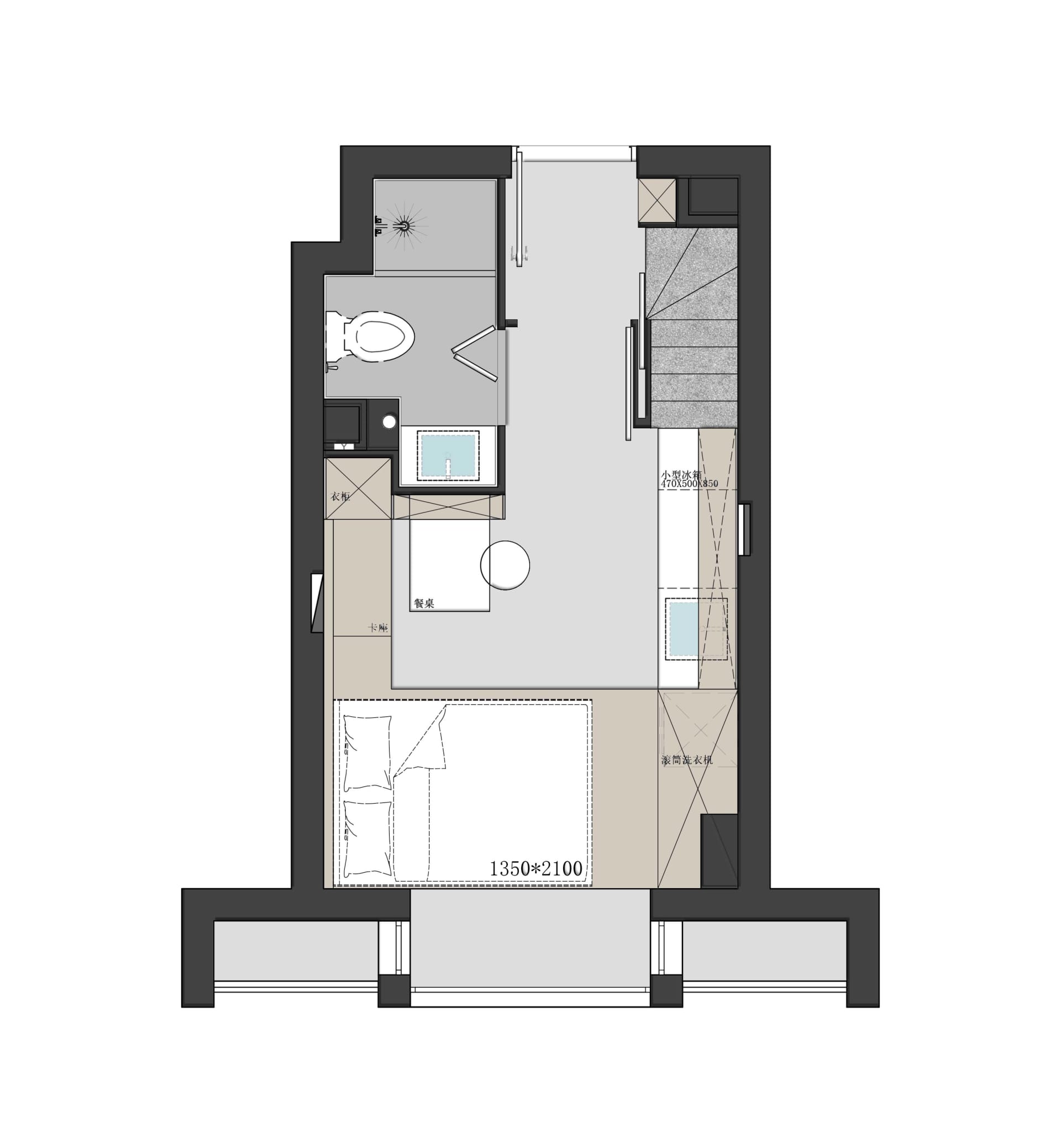 Detailed 2D architectural drawing of a minimalist apartment floor plan with concrete flooring, showcasing efficient space uti