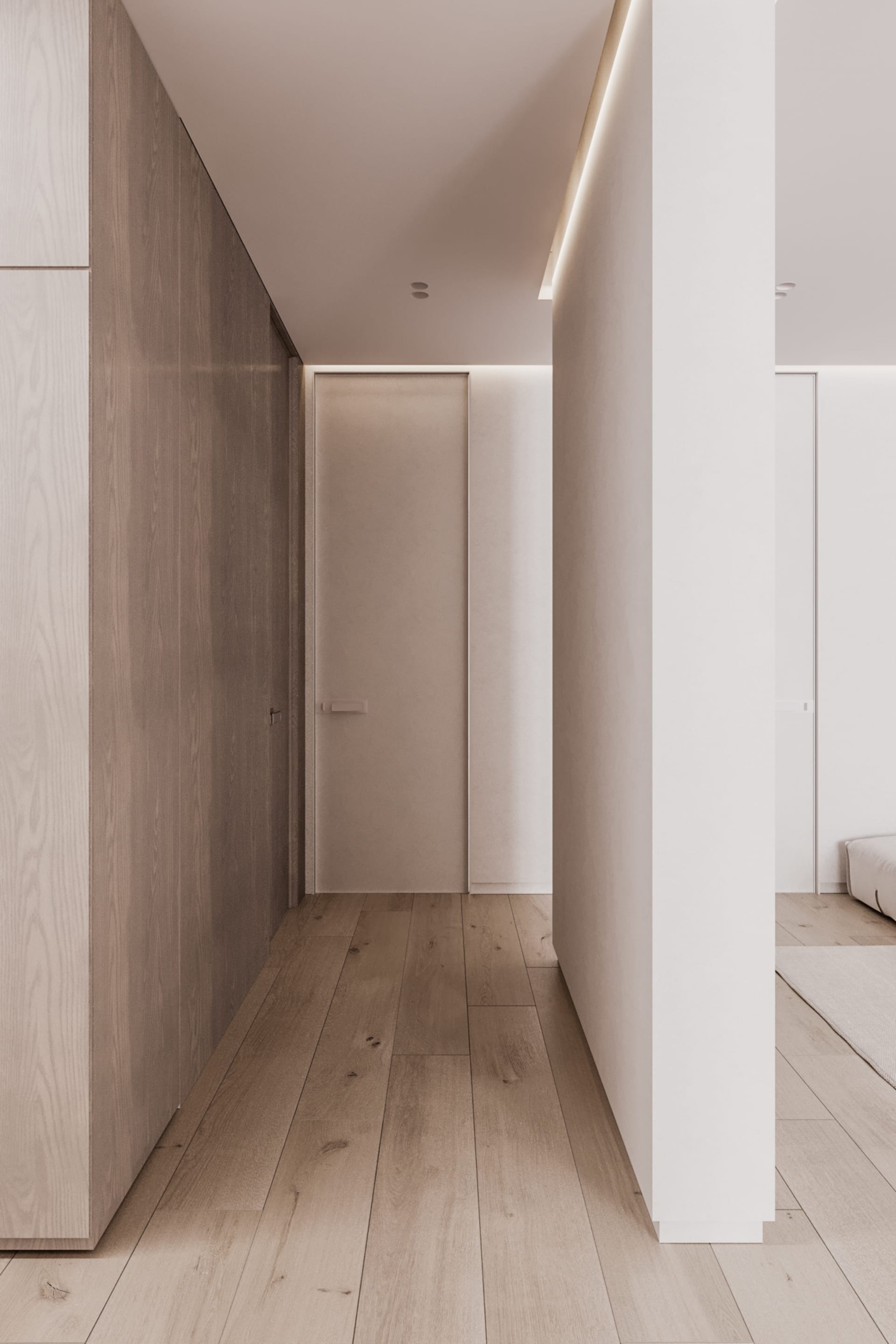 Minimalist bedroom featuring wooden floors, concrete walls, and a sleek design.