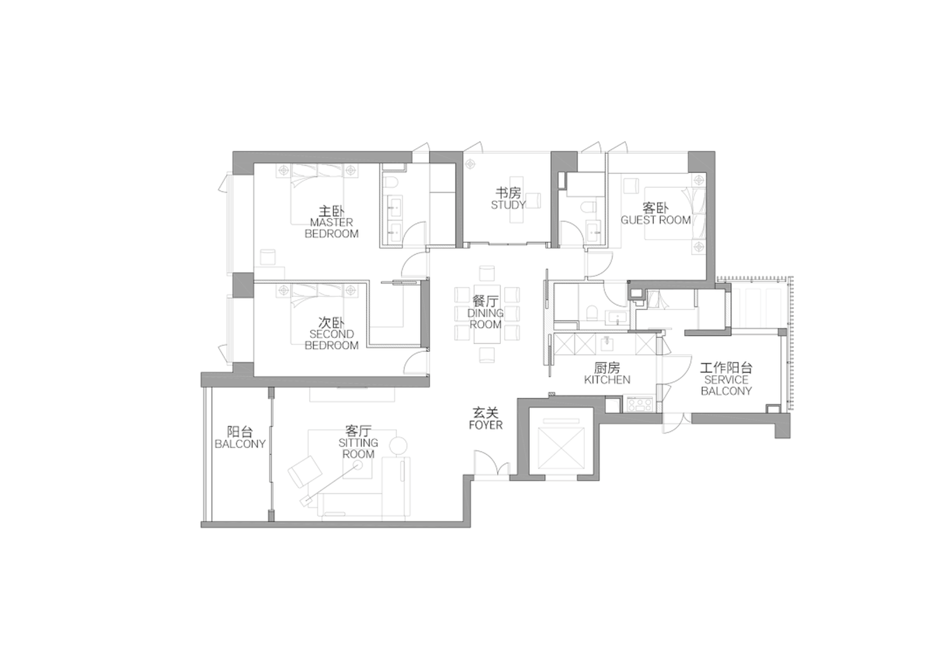 Modern apartment floor plan with three bedrooms, kitchen, dining room, and living room.