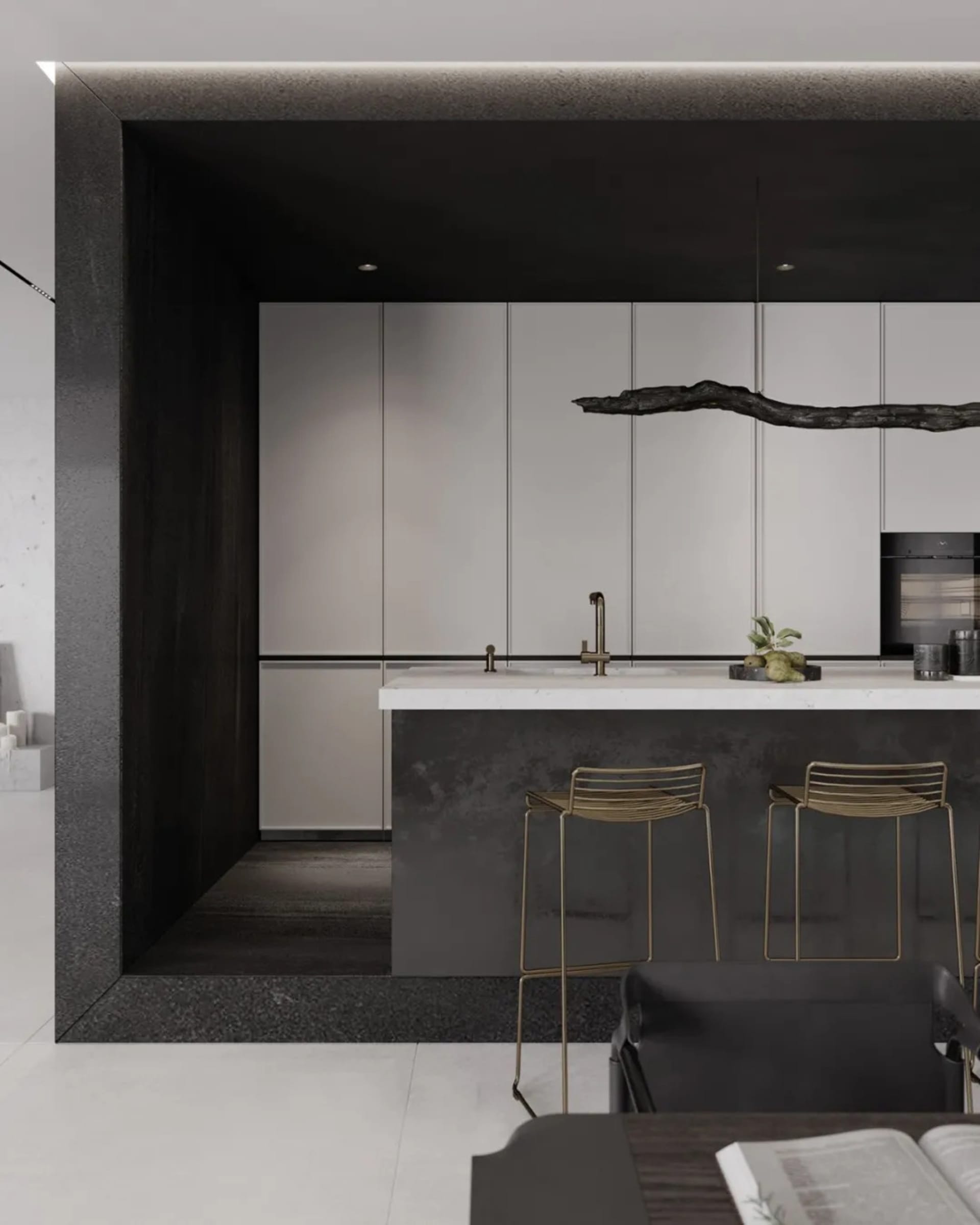 Modern industrial residential kitchen with terrazzo and marble finishes.