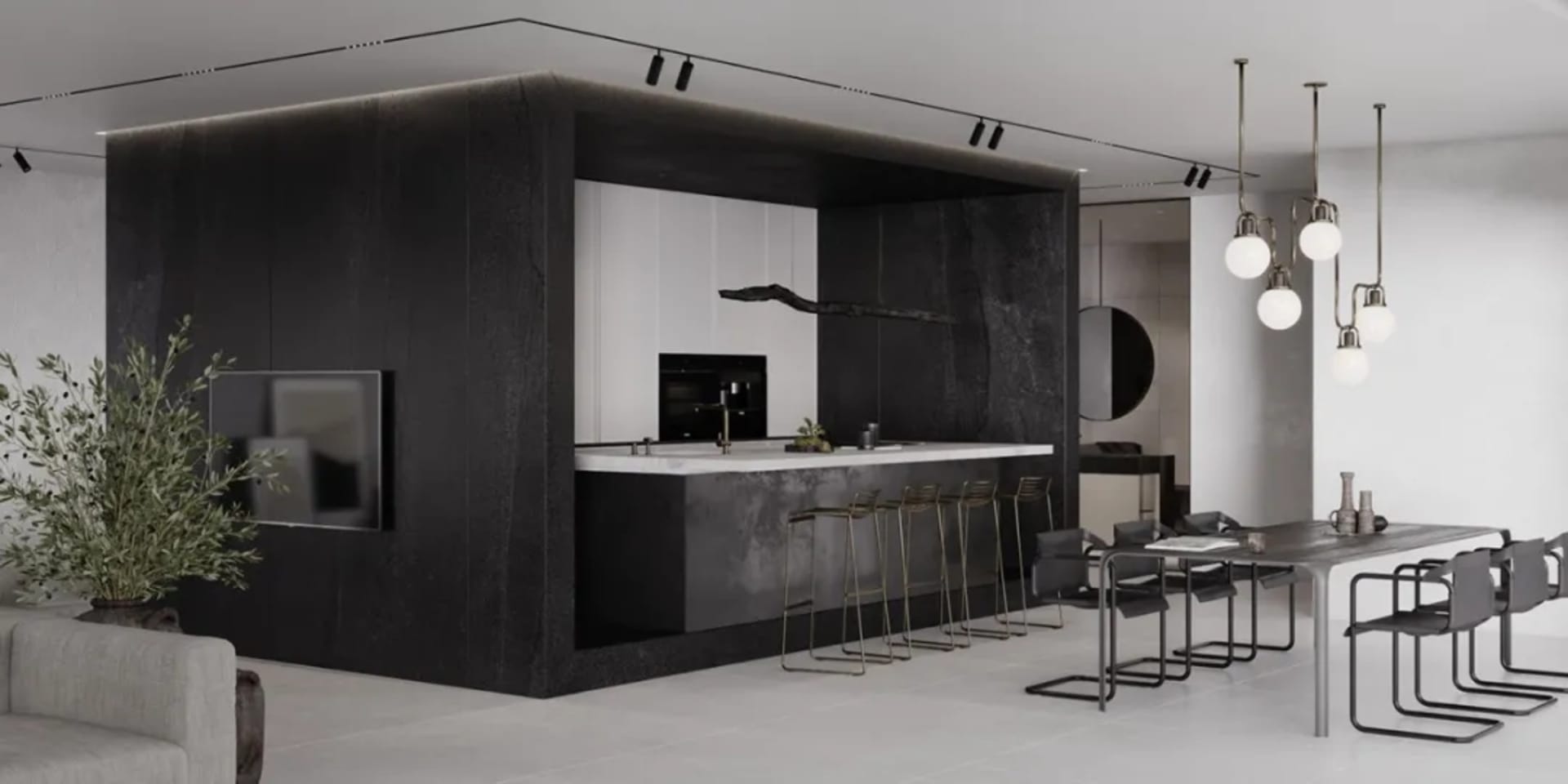Modern minimalist interior design featuring concrete and white materials with a sleek, clean look.