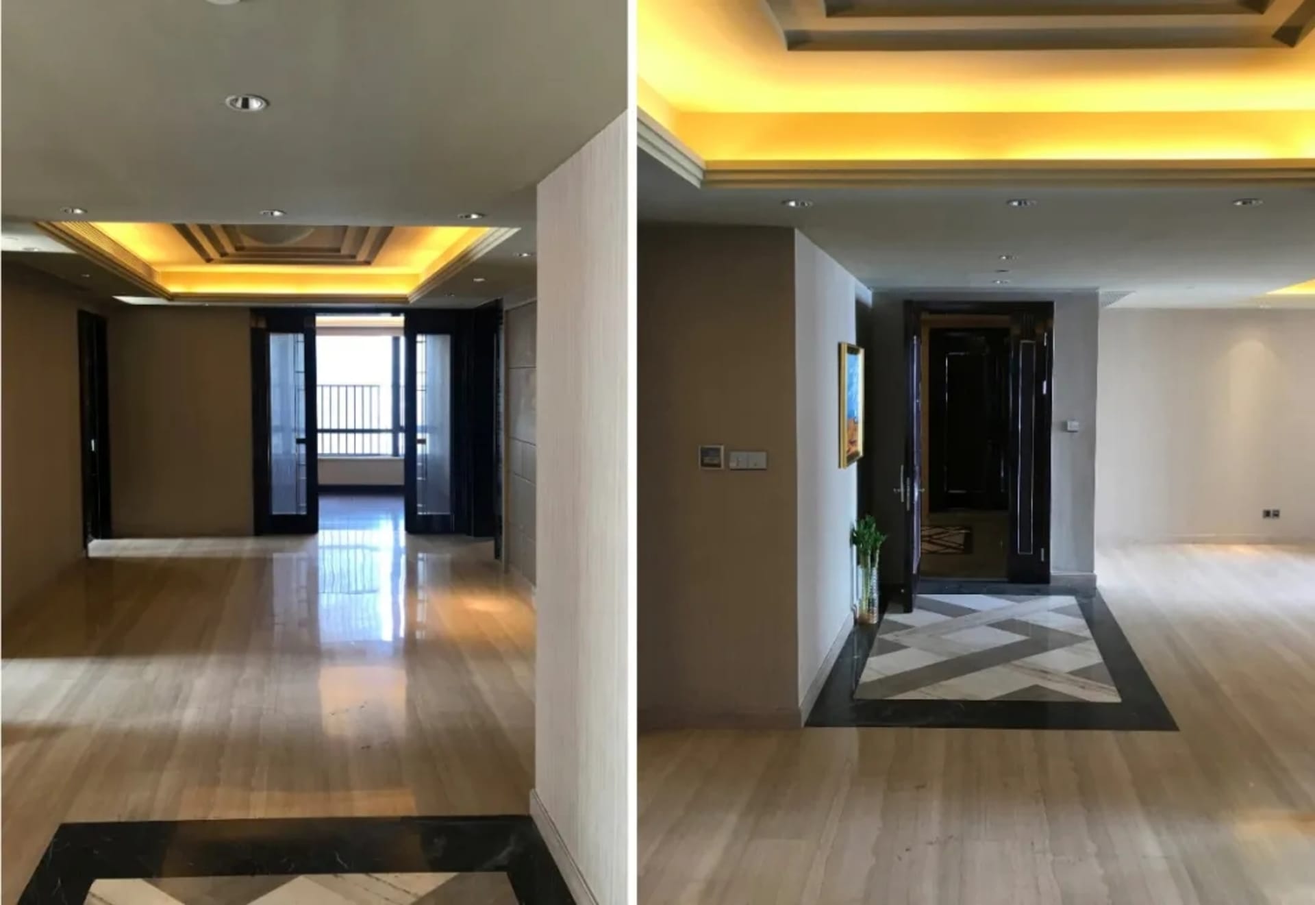 Modern living room entry with wooden flooring and marble accents
