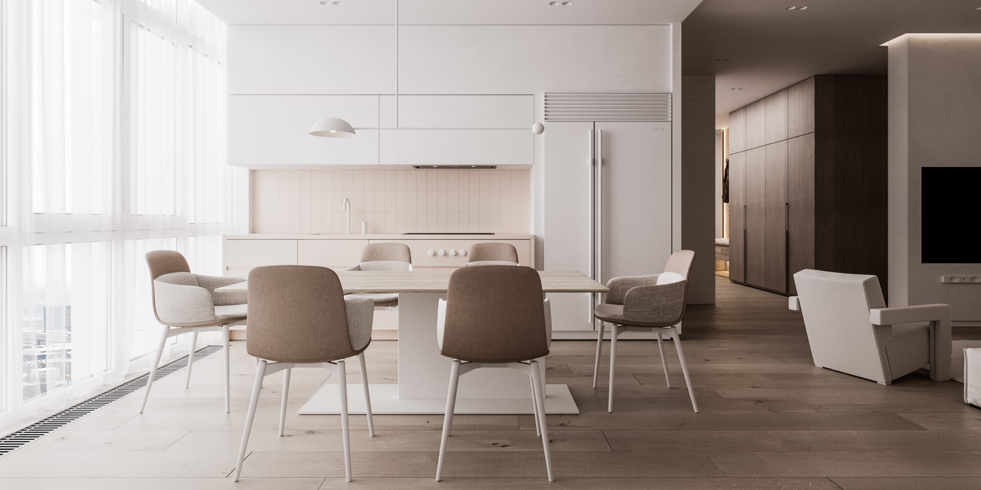 A modern residential kitchen with wooden furniture and white cabinets.