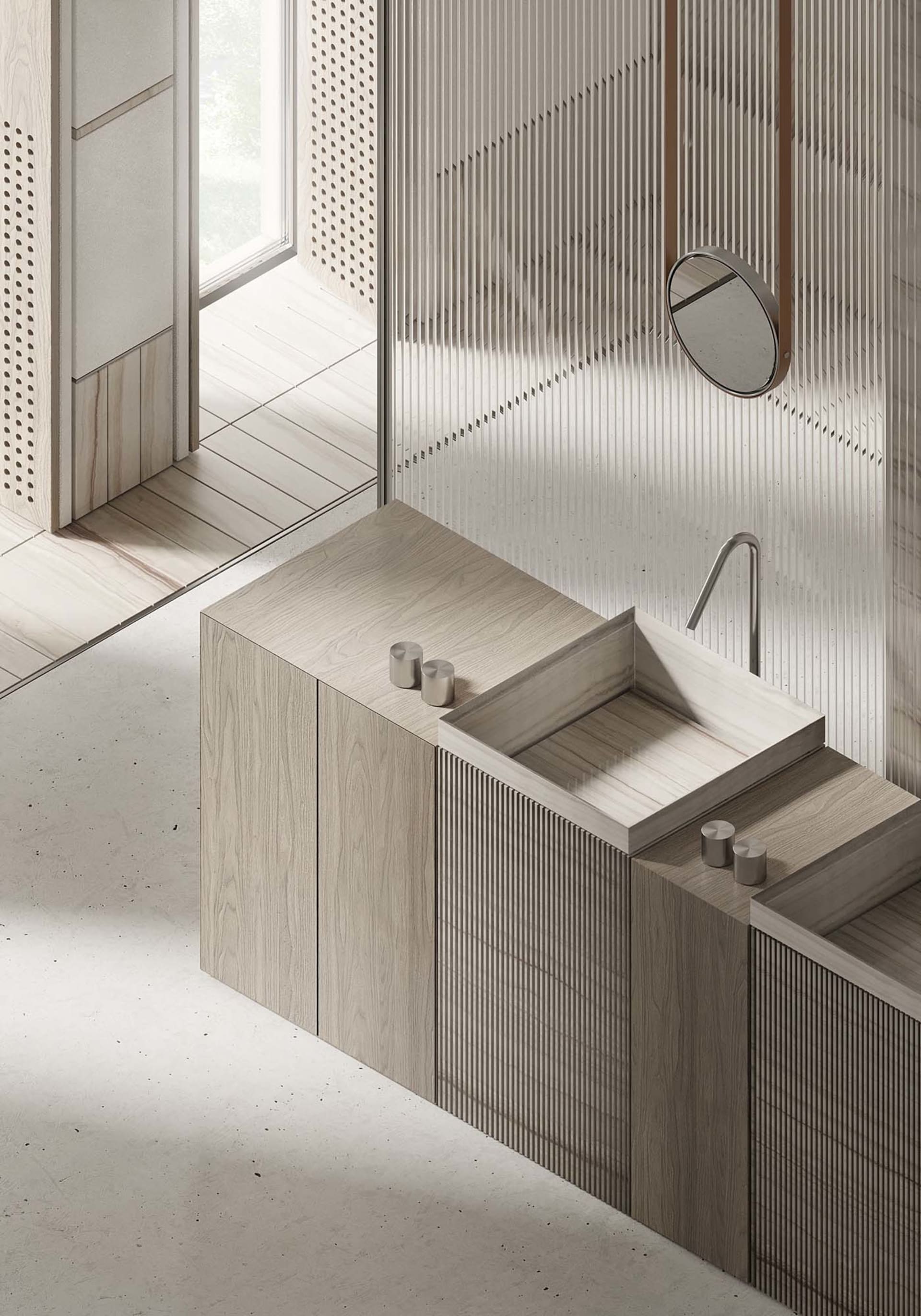 Modern bathroom featuring wooden furniture with minimalist design and contemporary fixtures.