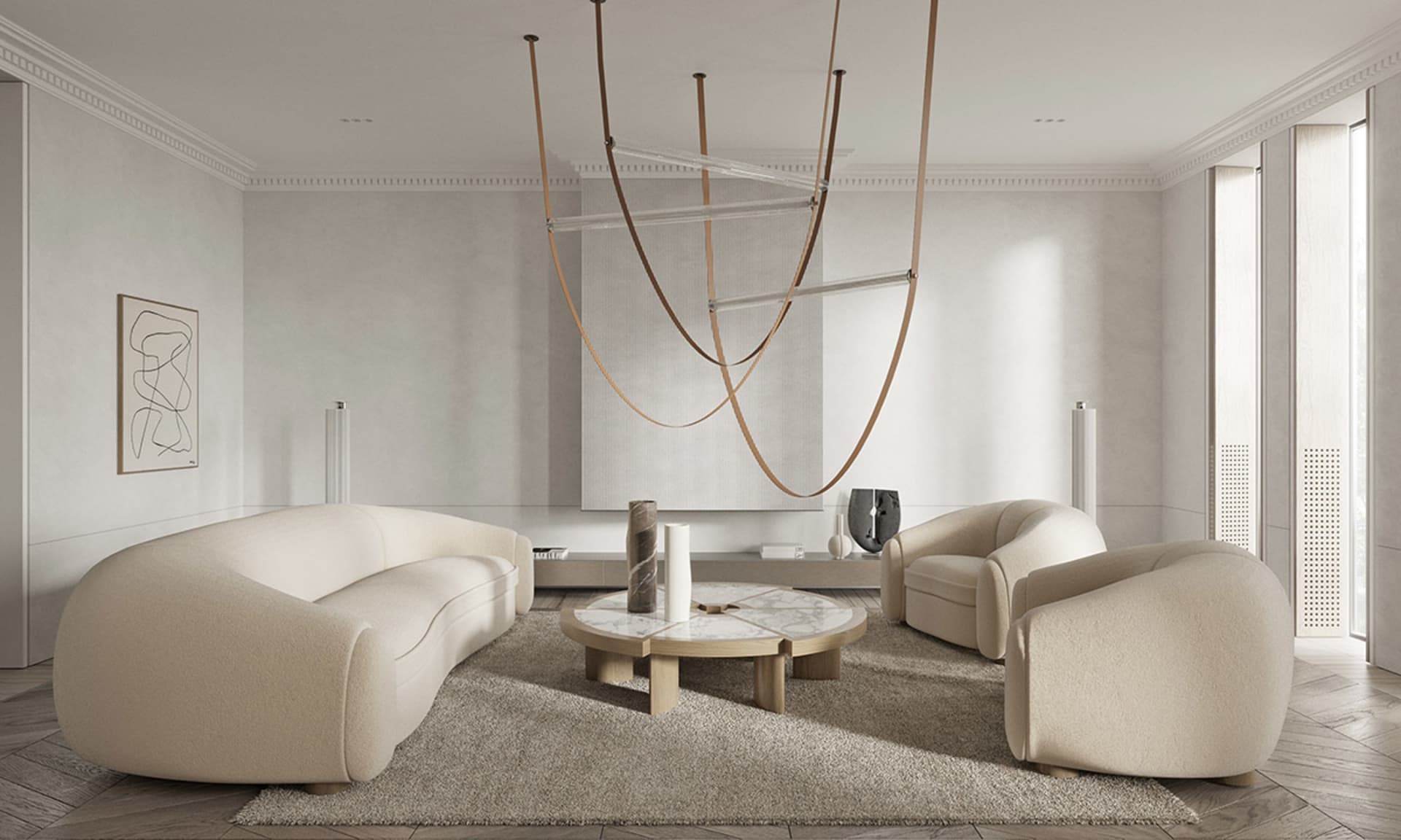 A modern living room featuring neutral-toned furniture and decor, minimalist design elements, and a contemporary art piece on