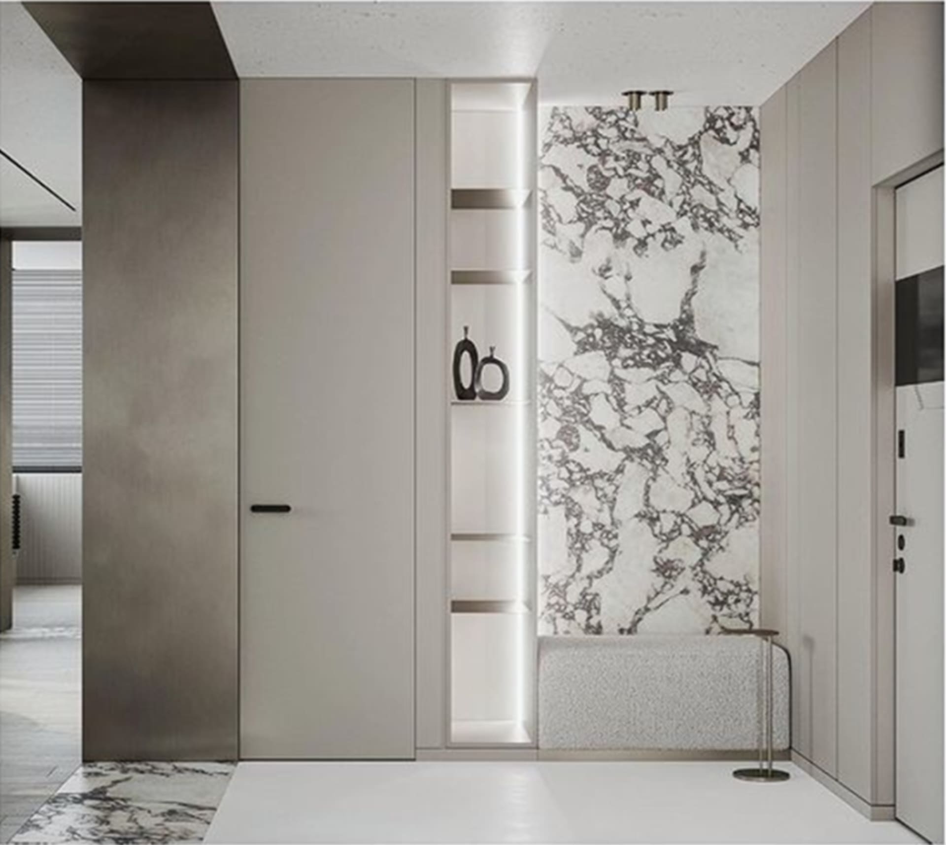 Modern entryway featuring white marble tiles and a shelf with black vases.