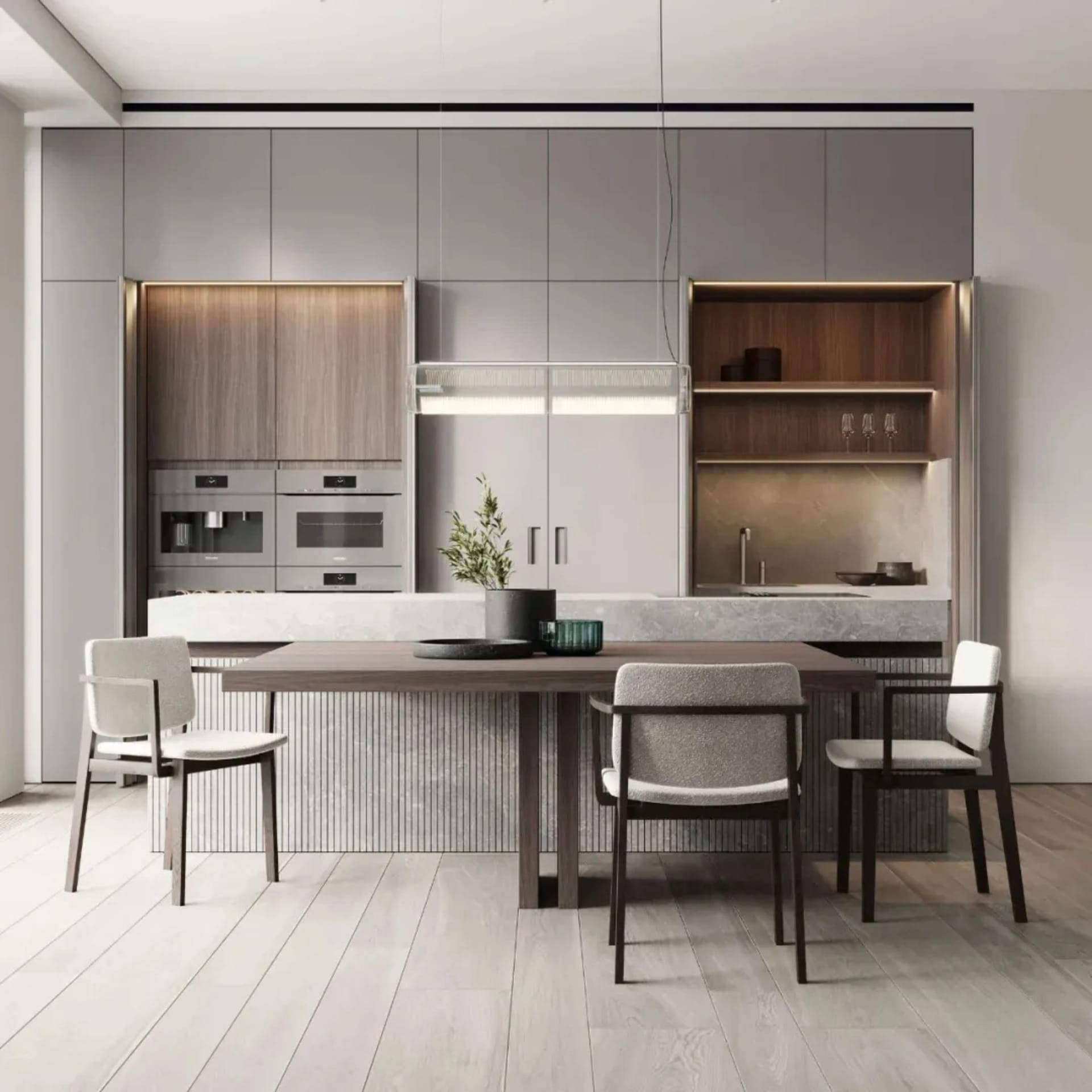Modern kitchen interior featuring concrete, steel, and wood materials.