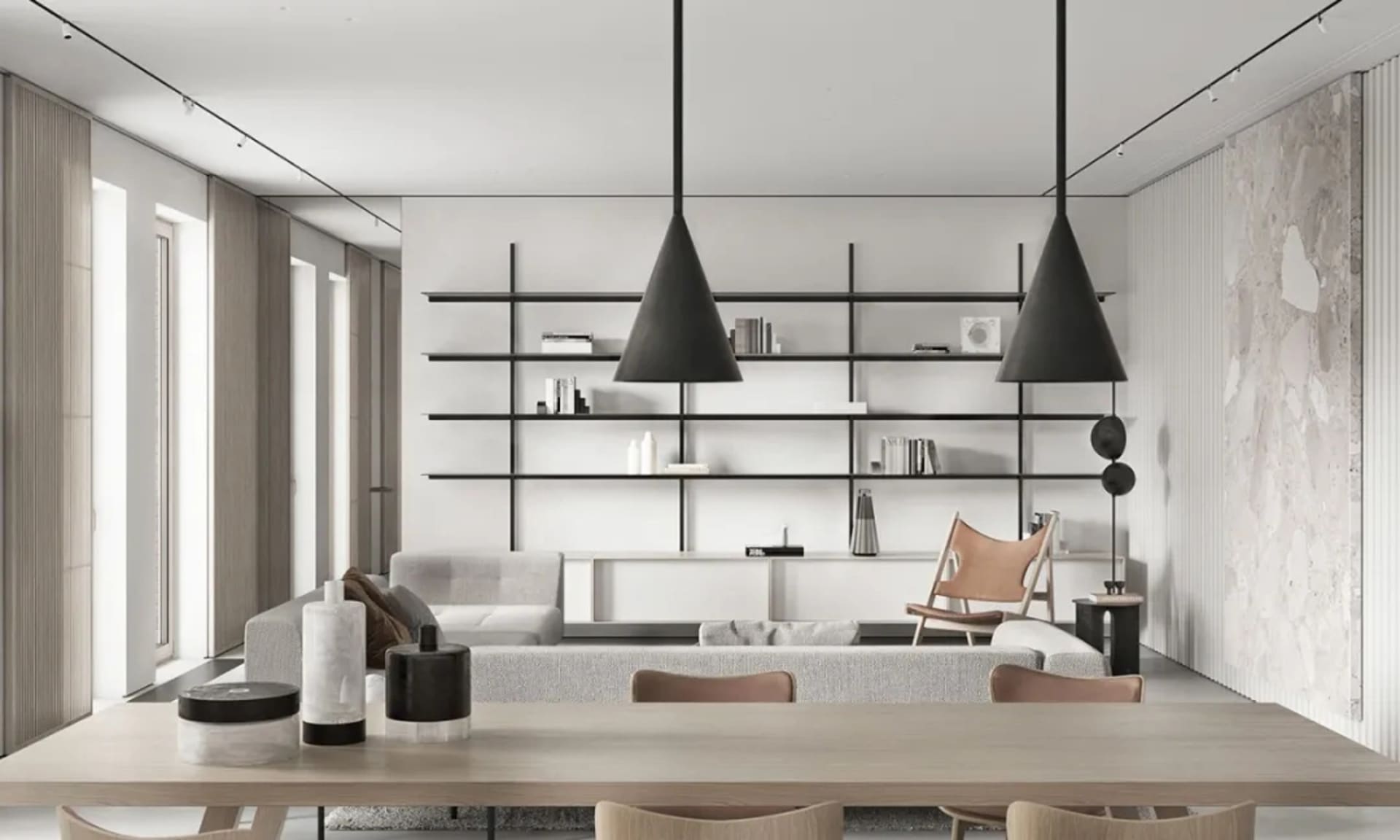 A modern living room with neutral-colored furniture and materials.