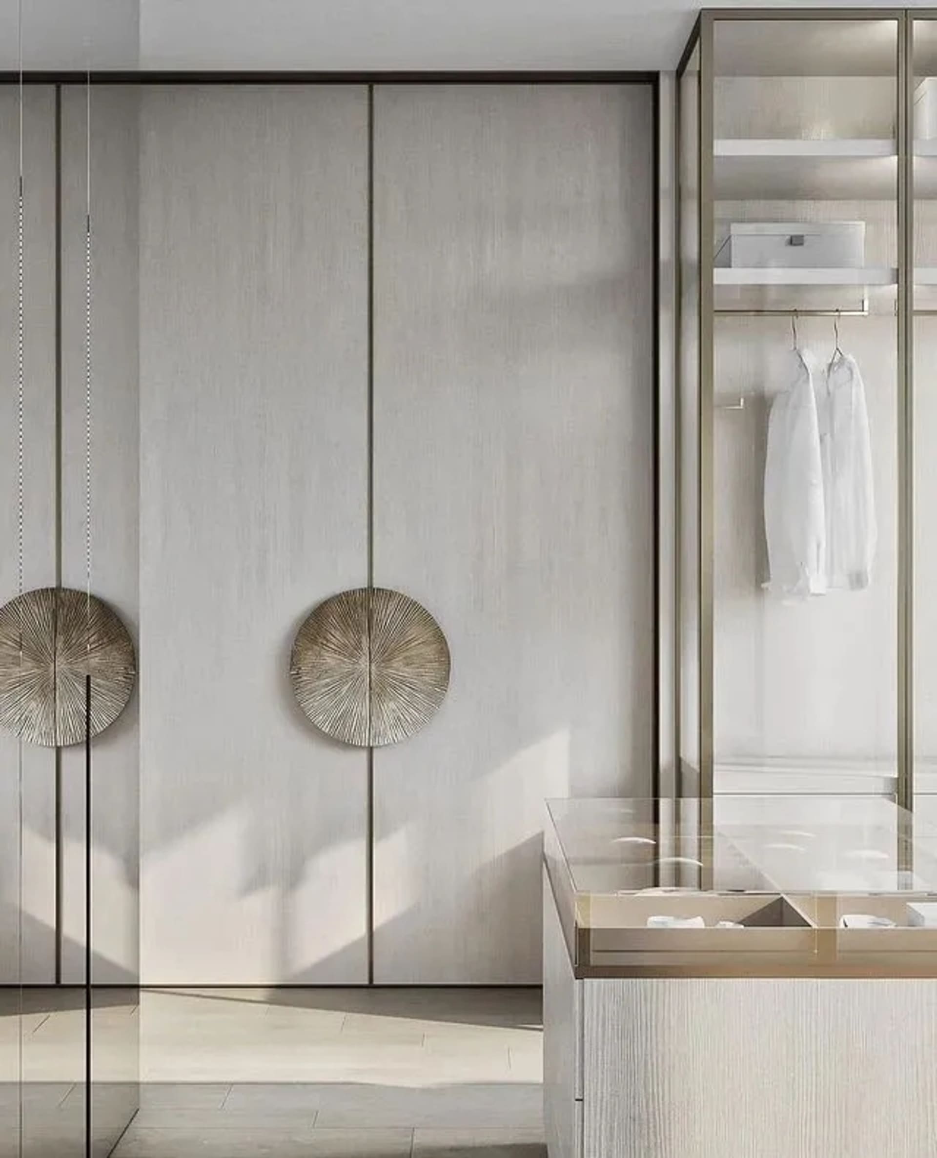 Modern minimalist closet with glass and wooden elements.