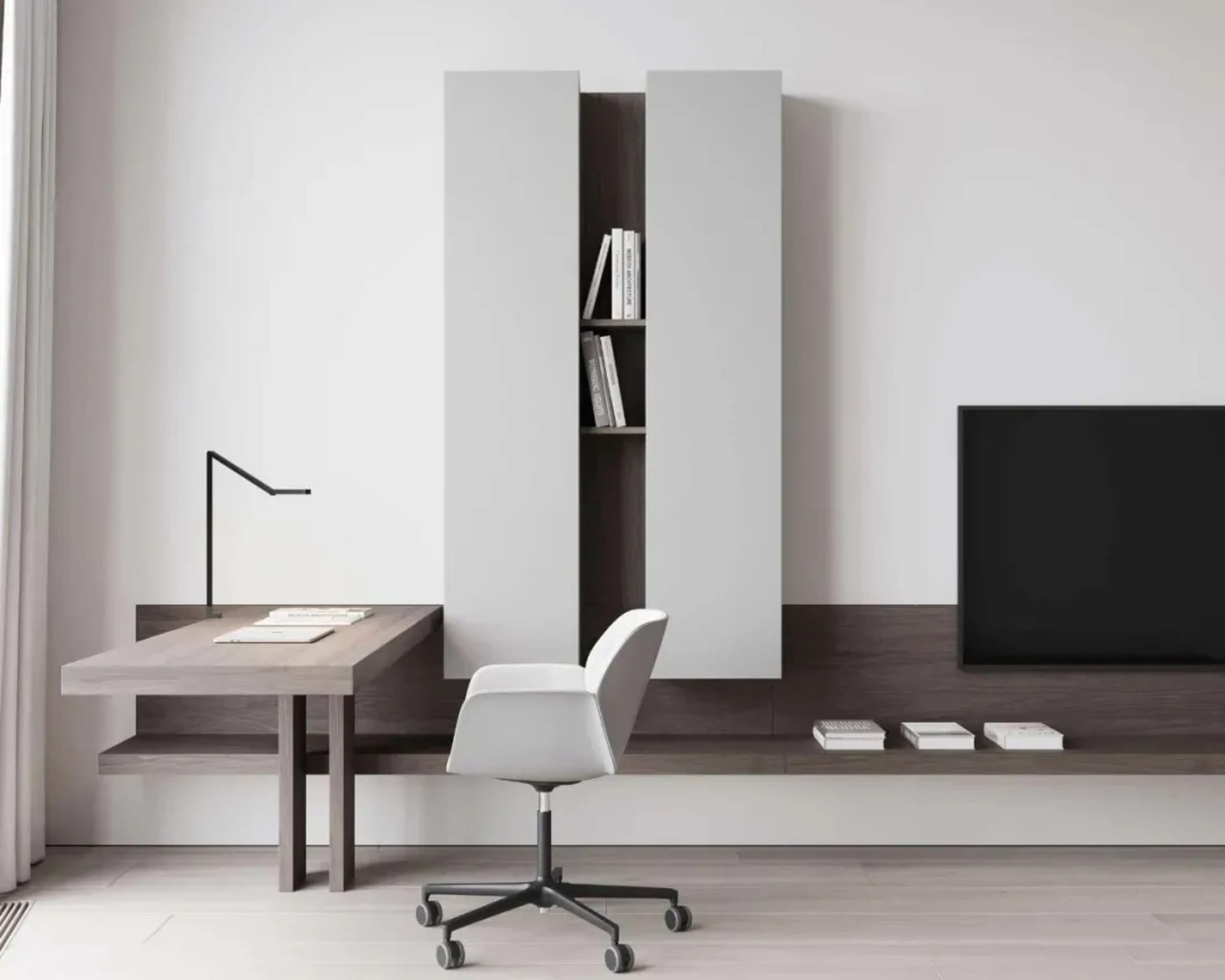 A minimalist home office with a wooden desk, rolling chair, and modern shelving unit.