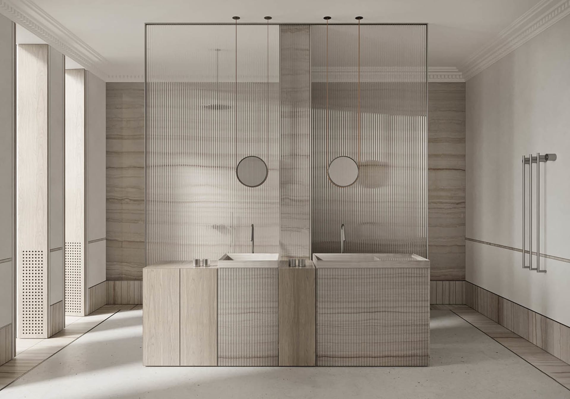A minimalist bathroom with marble elements, featuring modern design with smart features.