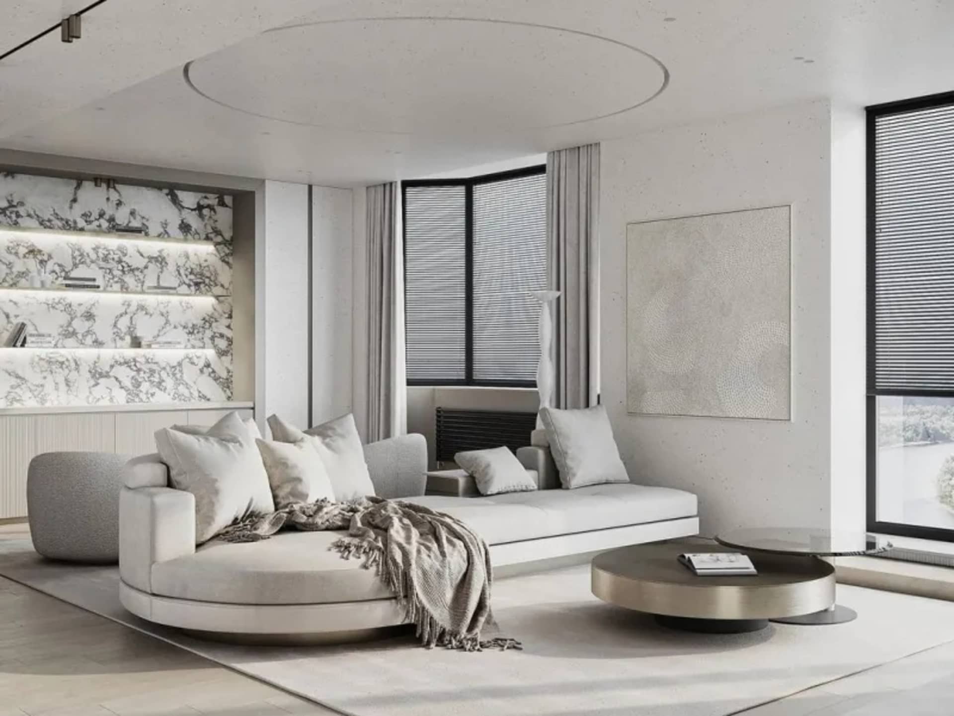 A modern, white-themed living room with neutral-toned materials and minimalistic design.