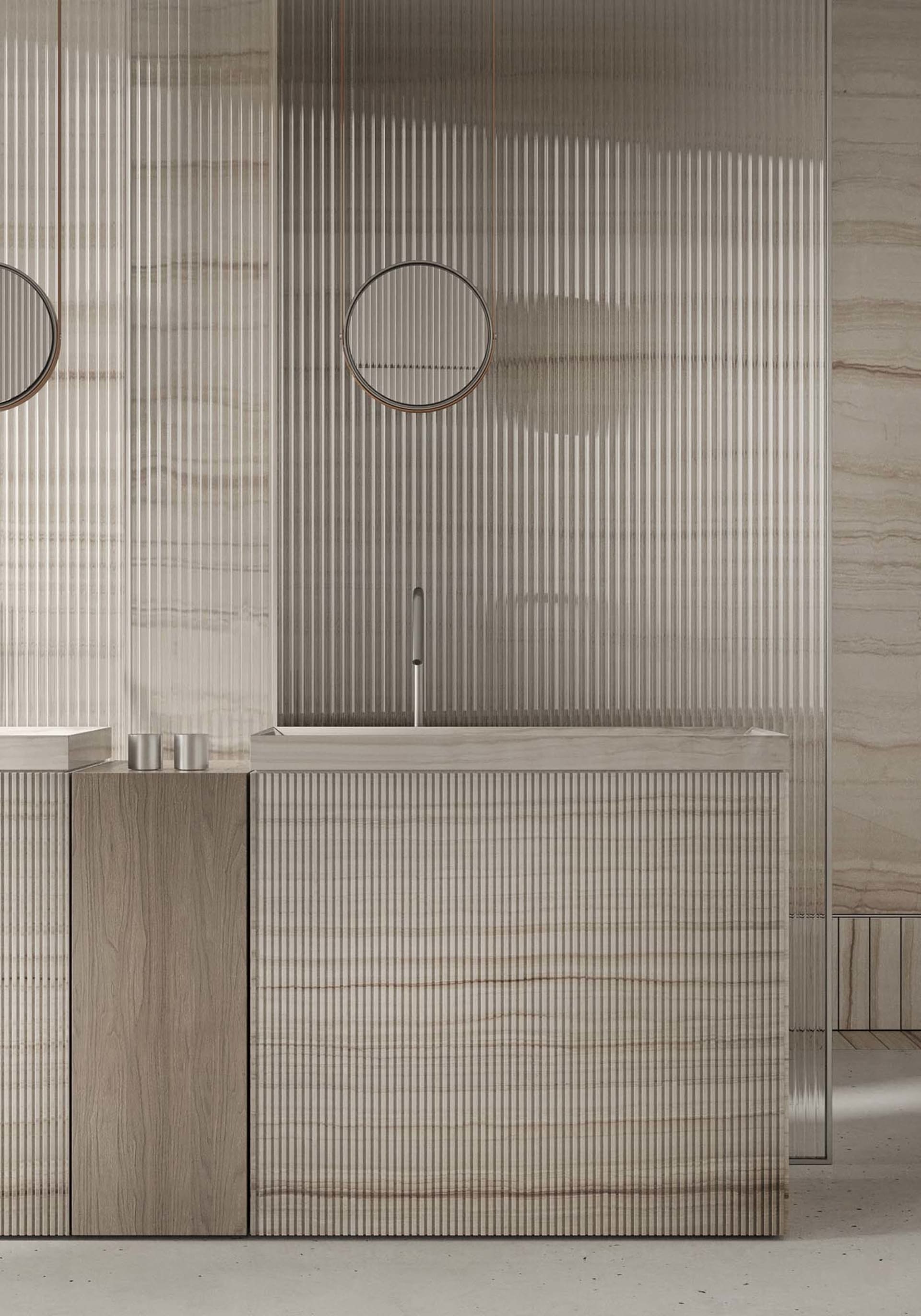 A modern, minimalist bathroom with a marble sink and vertical wood-paneled walls.